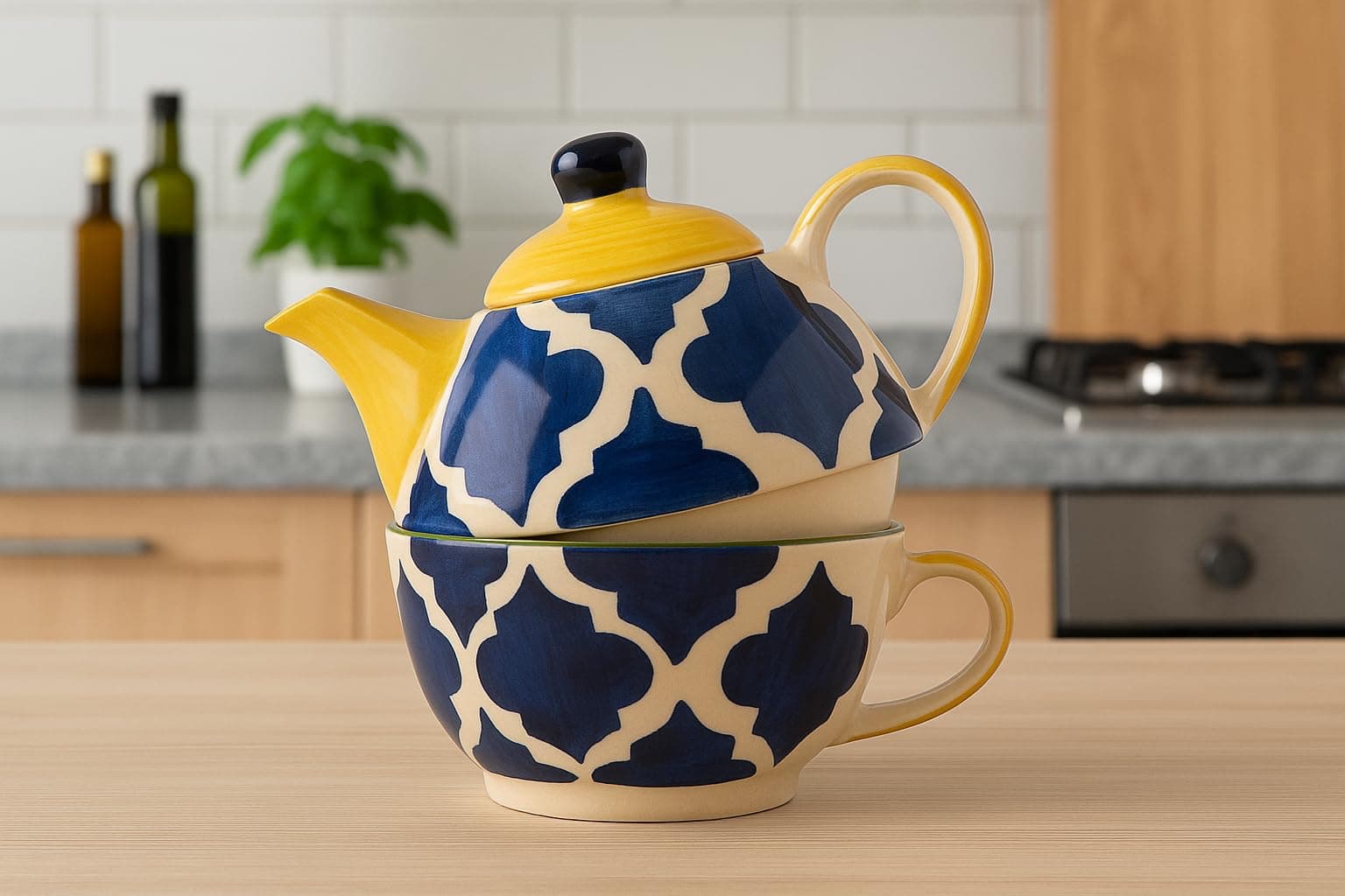 Blue Umrao Ceramic Tea Pot Kettle with Cup Milk hot Water Cup with Handle teapot Set of 1 Coffee chai Kettle 300ml Masala chai Green Tea Ideal serveware for Gifting.