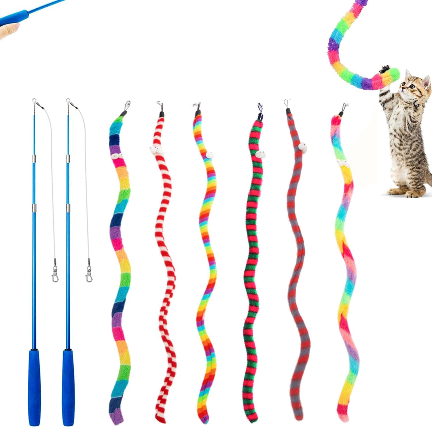 Interactive Cat Toys, 2 Retractable Teaser Wands & 6 Long Worm Attachments with Bell, Great for Indoor Cats to Exercise and Keep Healthy - V2