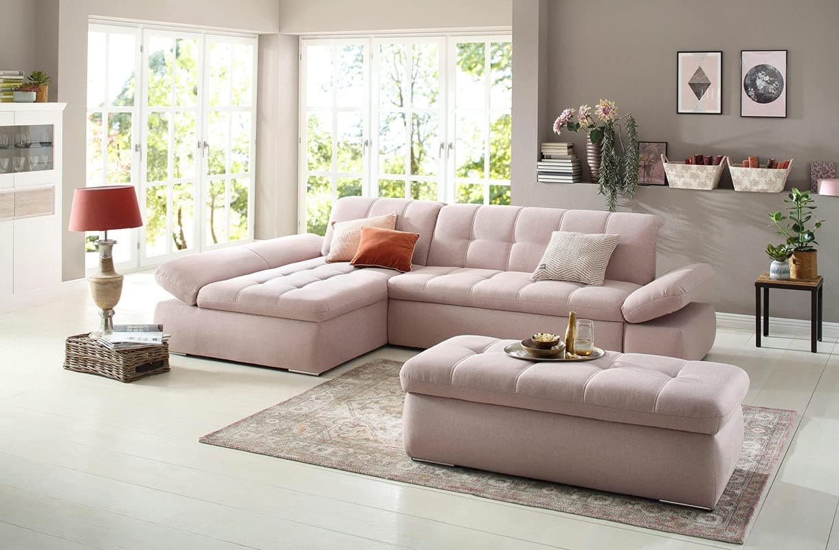 Fabrique Elementra L-Shaped Sofa Bed 5 Seater Linen Fabric Sofa Set - Premium Furniture for Home Office, Guests, and Contemporary, Comfortable Living Rooms (Left Hand Side) - Pink