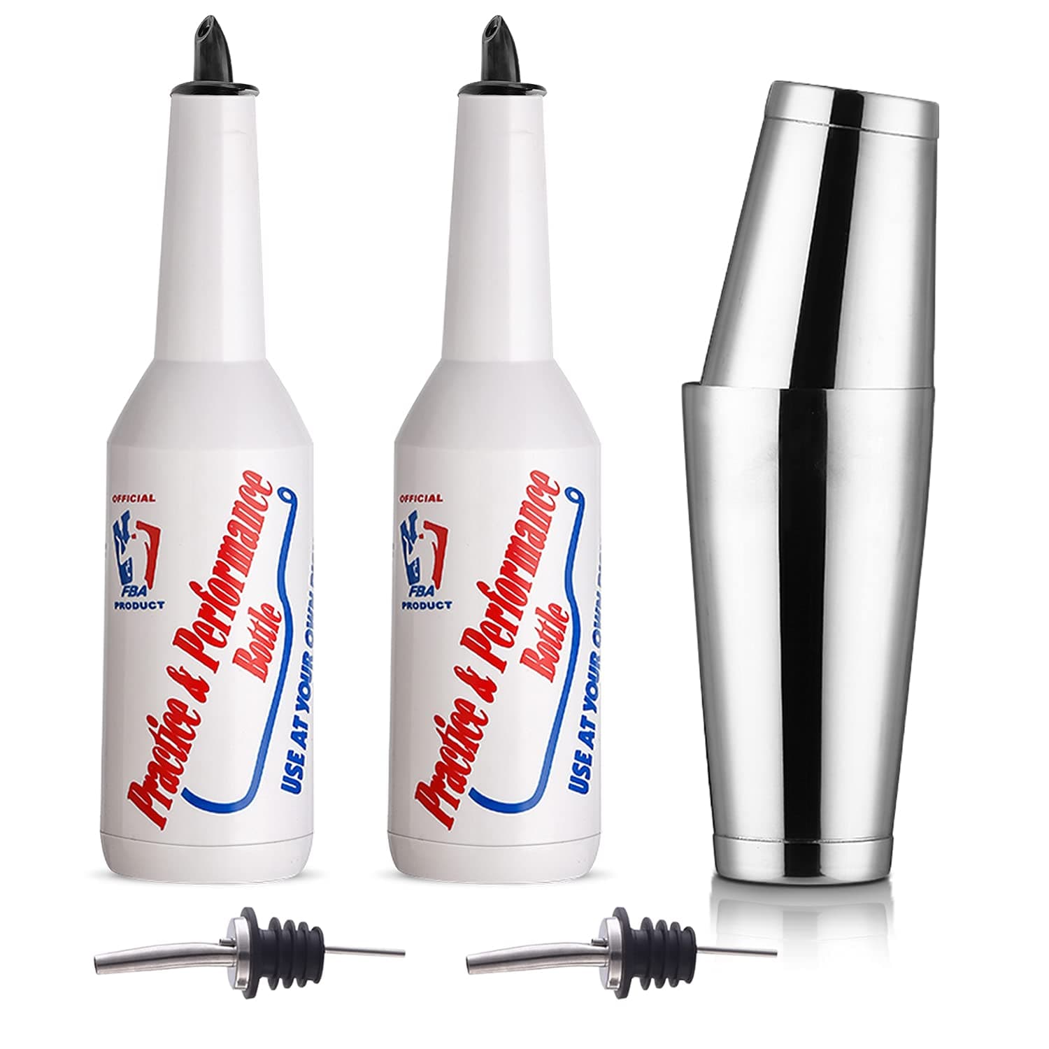 LINALL Flair Bottle - 5pcs Flair Bartender Kit, 2 Flair Bottle, 1 Boston Shaker, Practice & Performance Bottle - FLKT0004 (5pcs Set)