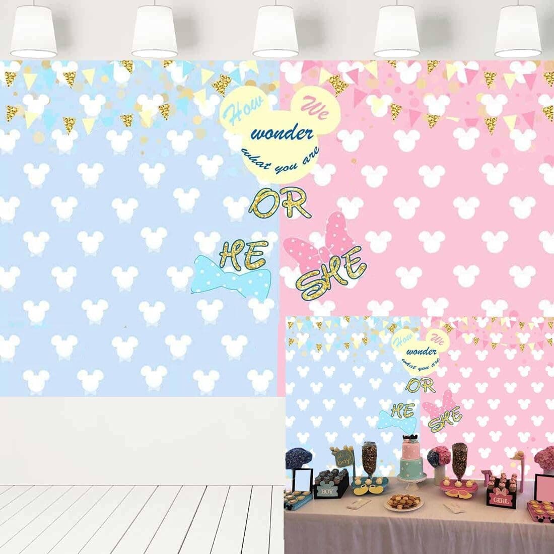 ERIC Mickey or Minnie Gender Reveal Decorations Backdrop Blue Pink Background with Golden He or She Bow Tie or Bow Theme Banner for Baby Shower 357