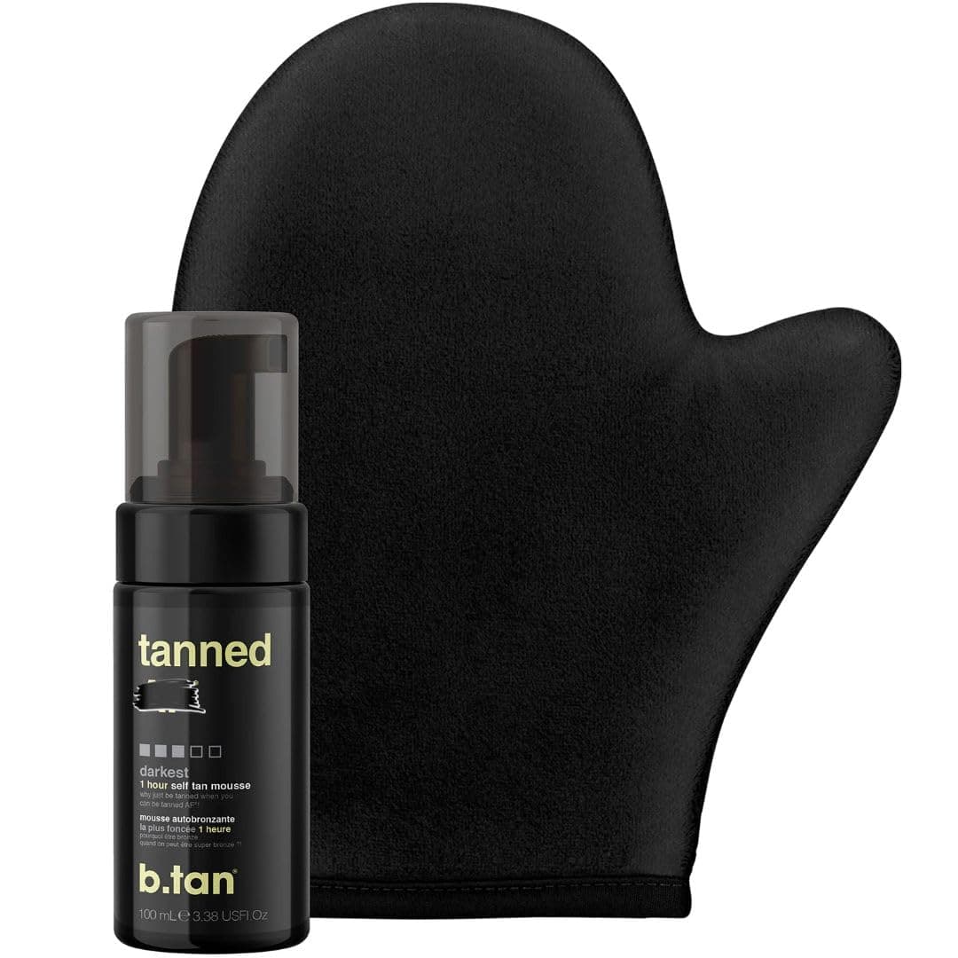 b.tan Travel Size Dark Self Tanner Kit | Get Tanned Mini Bundle - Dark Fake Tanning Mousse with Mitt Applicator, 1 Hour Express Sunless Foam, Best Fast Bronzing Glow, Vegan, Cruelty Free, 3 Fl Oz