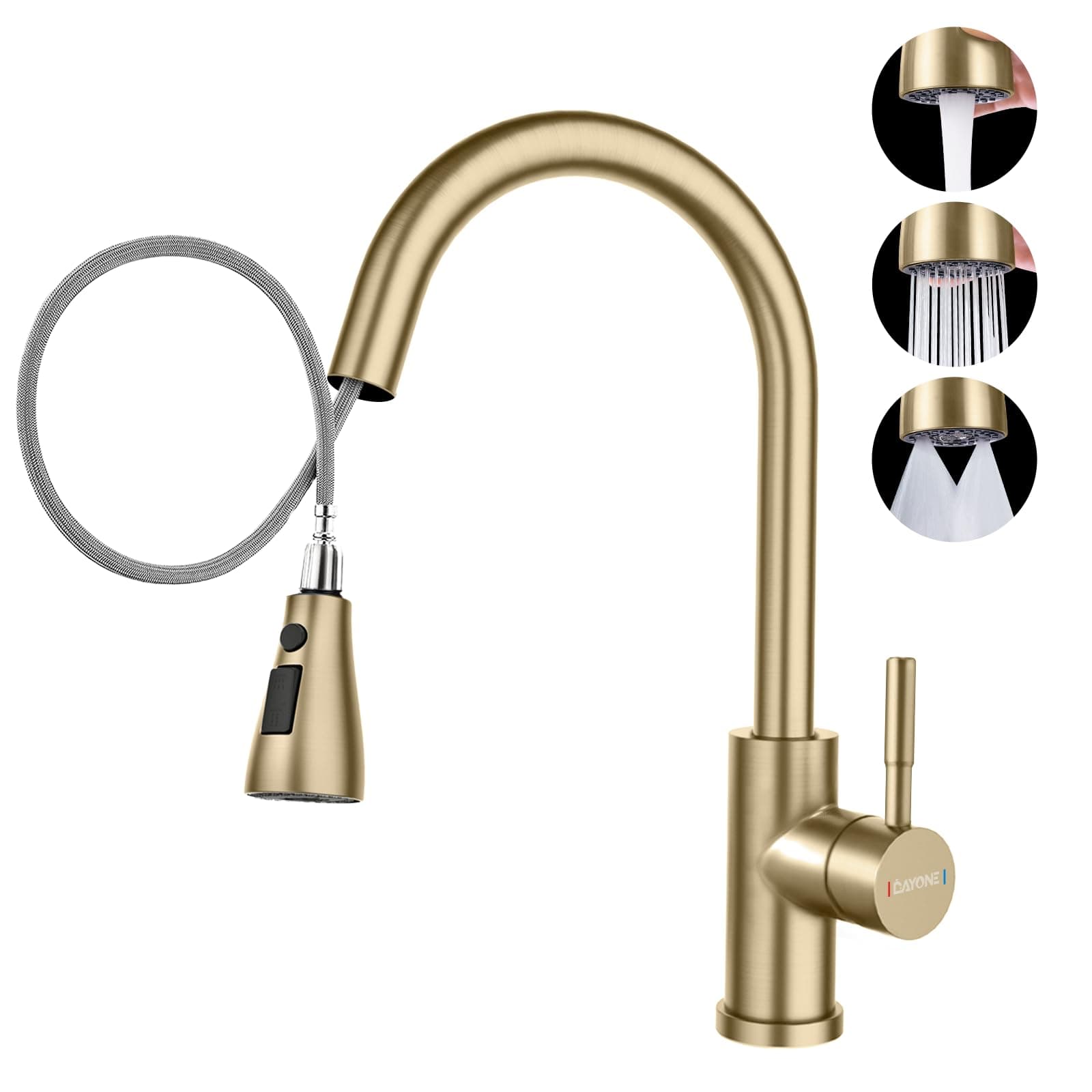 Gold Kitchen Mixer Tap with Pull Out Spray, SUS304 Stainless Steel Sink Taps Mixer with 3 Functions for Kitchen, 360° Swivel Single Handle High Arc Kitchen Faucet, Brushed Gold