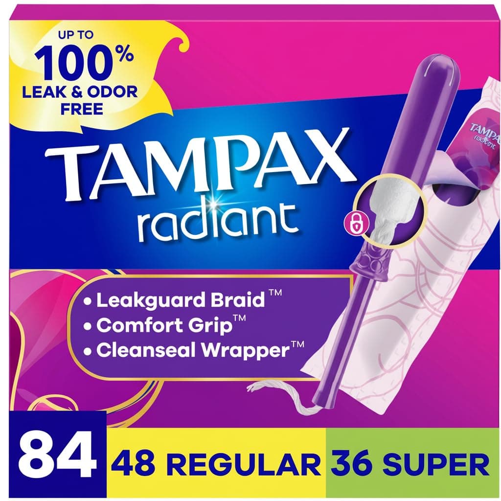 Tampax Radiant Tampons for Women Multipack, with LeakGuard Braid, Regular/Super Absorbency, Unscented, 84 Count (3 Packs of 28), Packaging May Vary