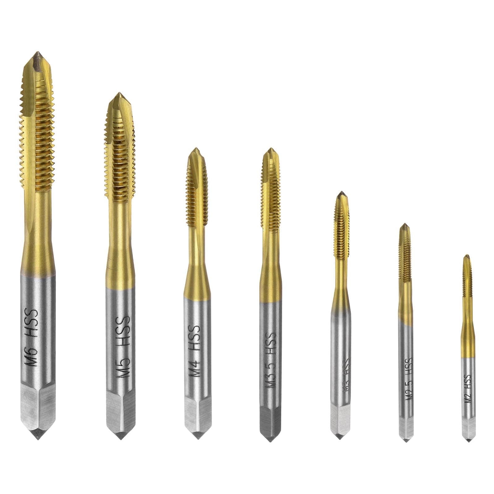 uxcell 7pcs Spiral Point Tap Set M2 M2.5 M3 M3.5 M4 M5 M6 Metric Thread Screw Taps, Titanium Coated High Speed Steel 6542 Machine Tapping Threading Repair Tool