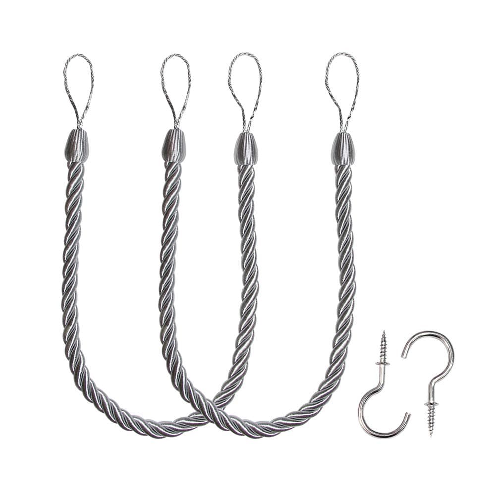 BEL AVENIR Curtain Ropes Tiebacks Tie-Backs, Curtain Handmade Holdbacks with 2 Metal Screw Hooks - Silver 2 Pack