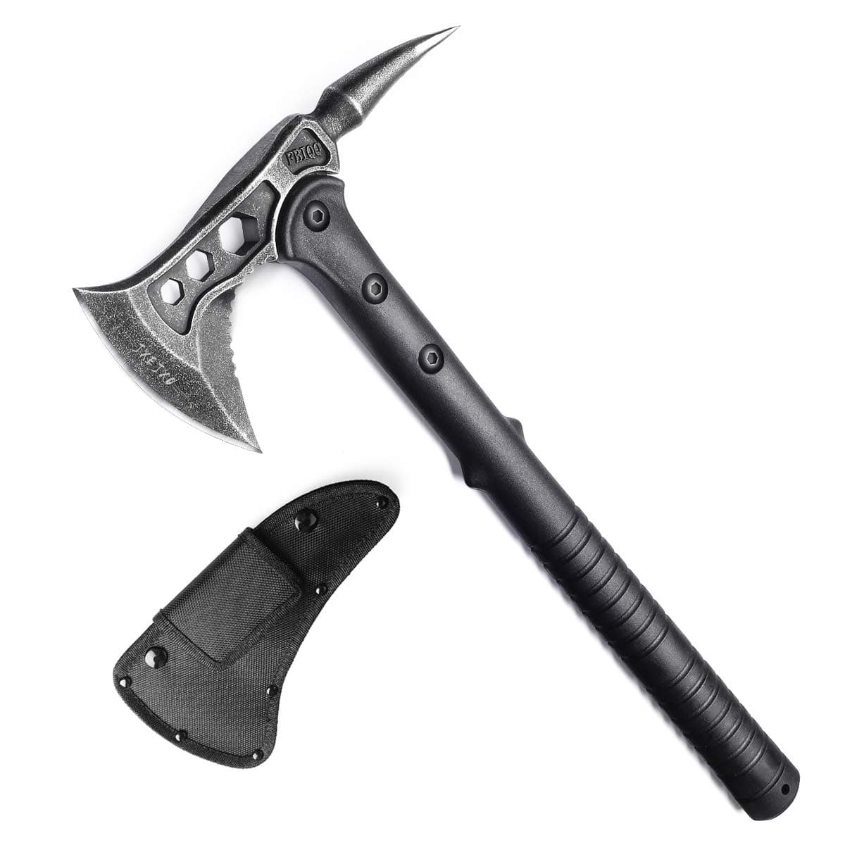 JXE JXO Camping Axe, Tomahawk with Spike, Survival Hatchet with Sheath, Nylon Fiber Handle for Outdoor Survival Hiking Camping (14.5 inch)