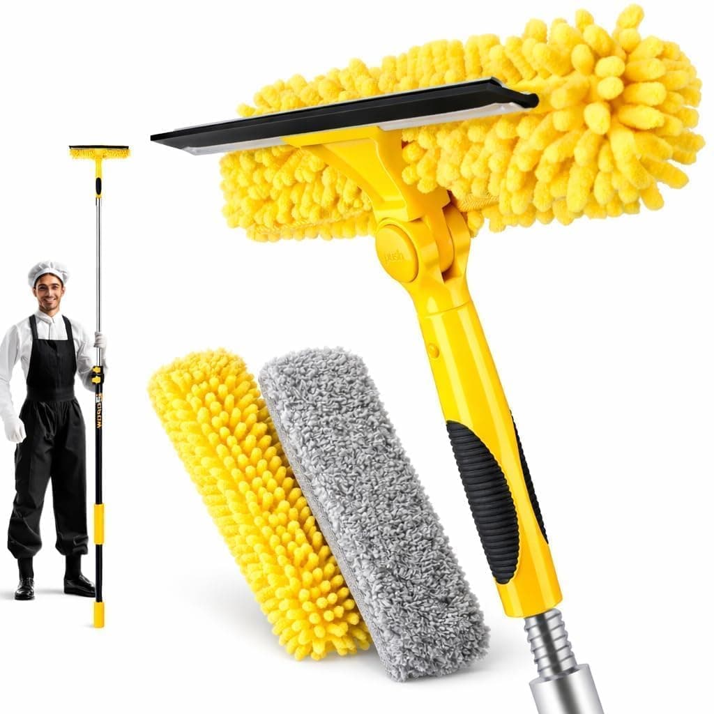18FT High Reach Window Squeegee with Extension Pole, 2 in 1 Window Washing Kit with 3-Stage Telescopic Pole & Rotatable Head, No-Ladder Window Cleaner for High Window, Solar Panel, RV & Outdoor Glass