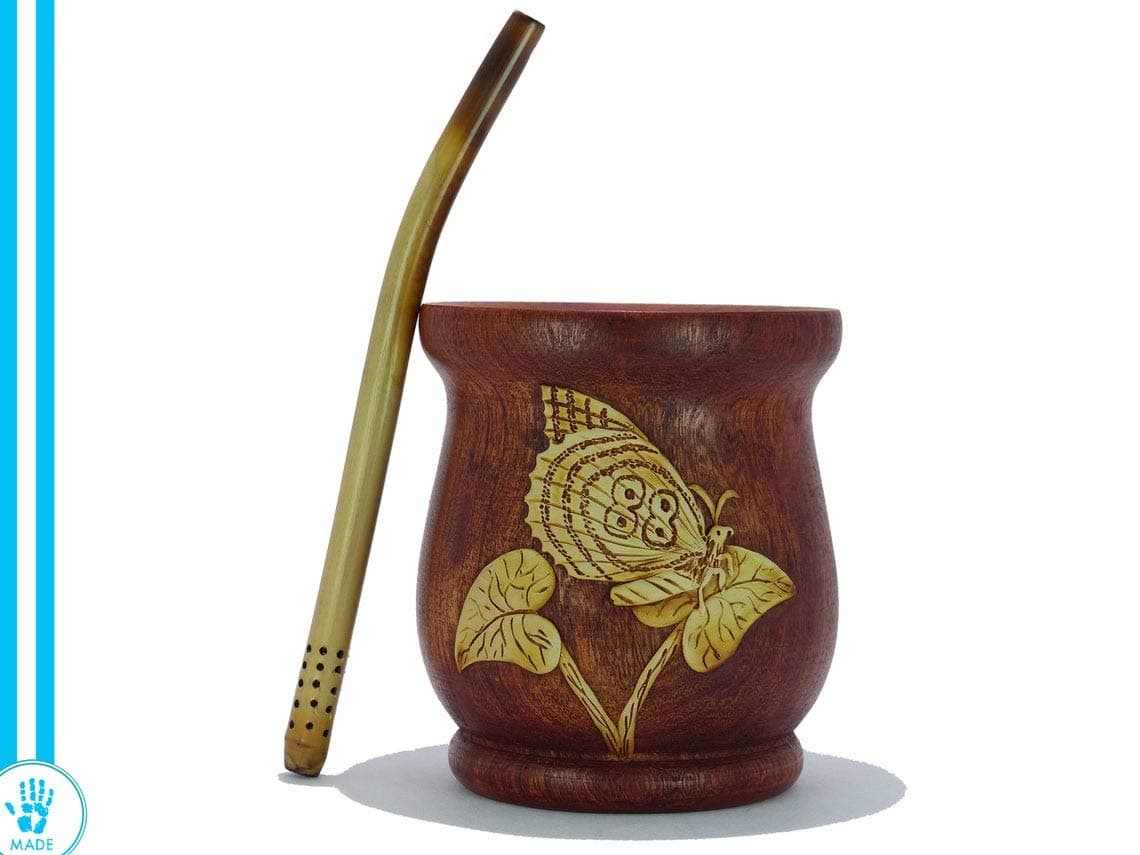 Wooden Mate Gourd Cup (Unique Design) with Regular Bombilla (Straw) - from Argentina