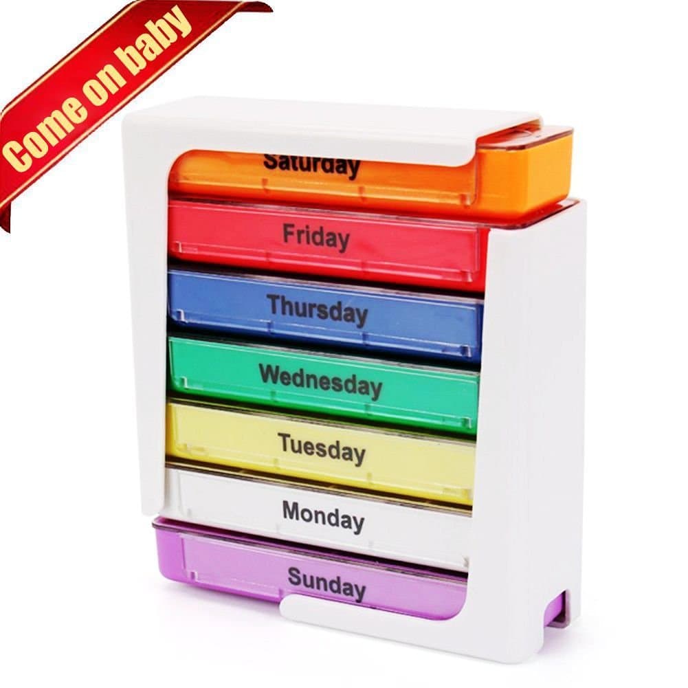 Black Leather Pill Carrying Case with 7 Color Pill Container Boxes,Each Pill Box Has 4 Compartments,Organizes Your Vitamins/ Fish Oil/ Calcium Tablet