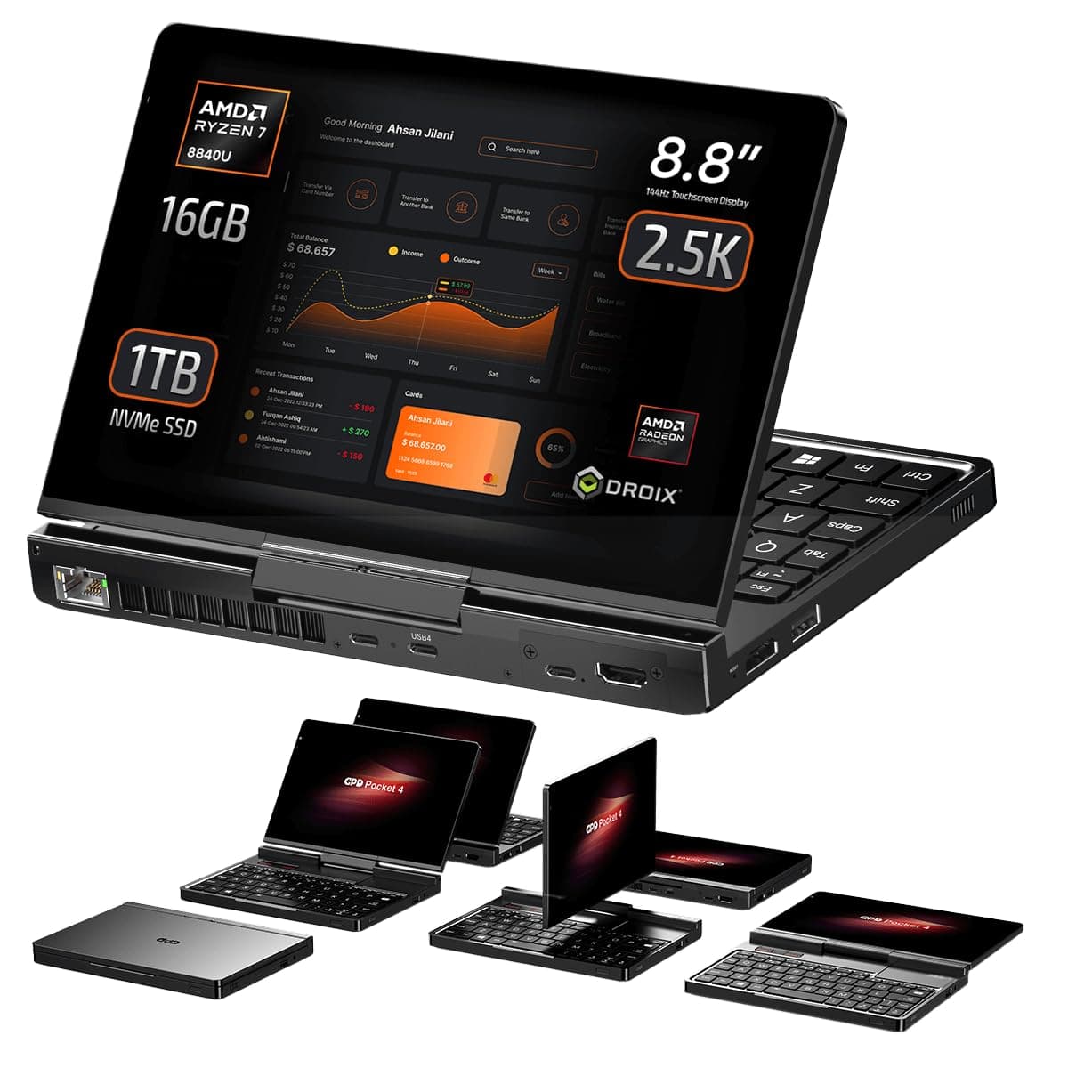 Pocket 4: Mini Laptop with AMD Ryzen 7 8840U CPU, Radeon 780M GPU, 16GB LPDDR5X RAM, 1TB PCIe Gen4 SSD, 8.8 Inch 2.5K 144Hz Display, Wi-Fi 6E, Bluetooth 5.3, Modular AI Handheld PC