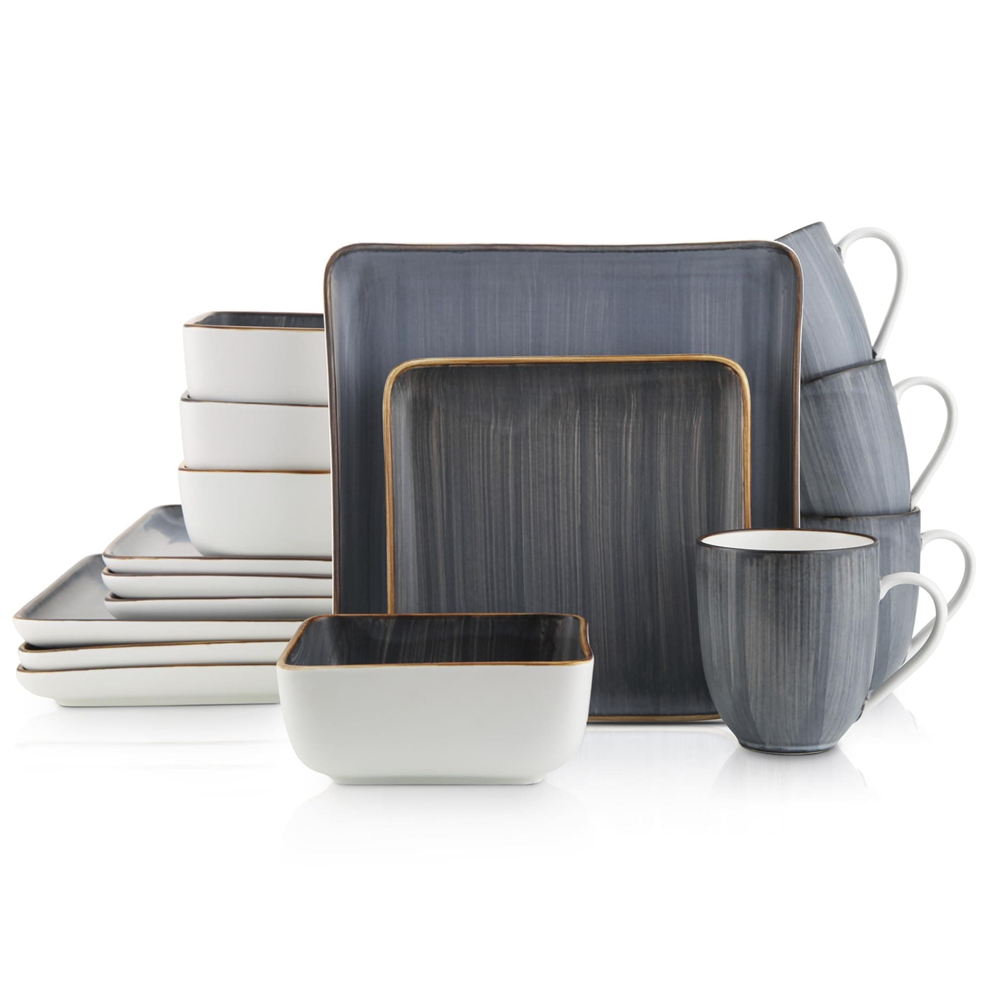 Stone Lain Esmeralda Porcelain Dinnerware Set, Service for 4, 16 Pieces Square Grey Brushed Design