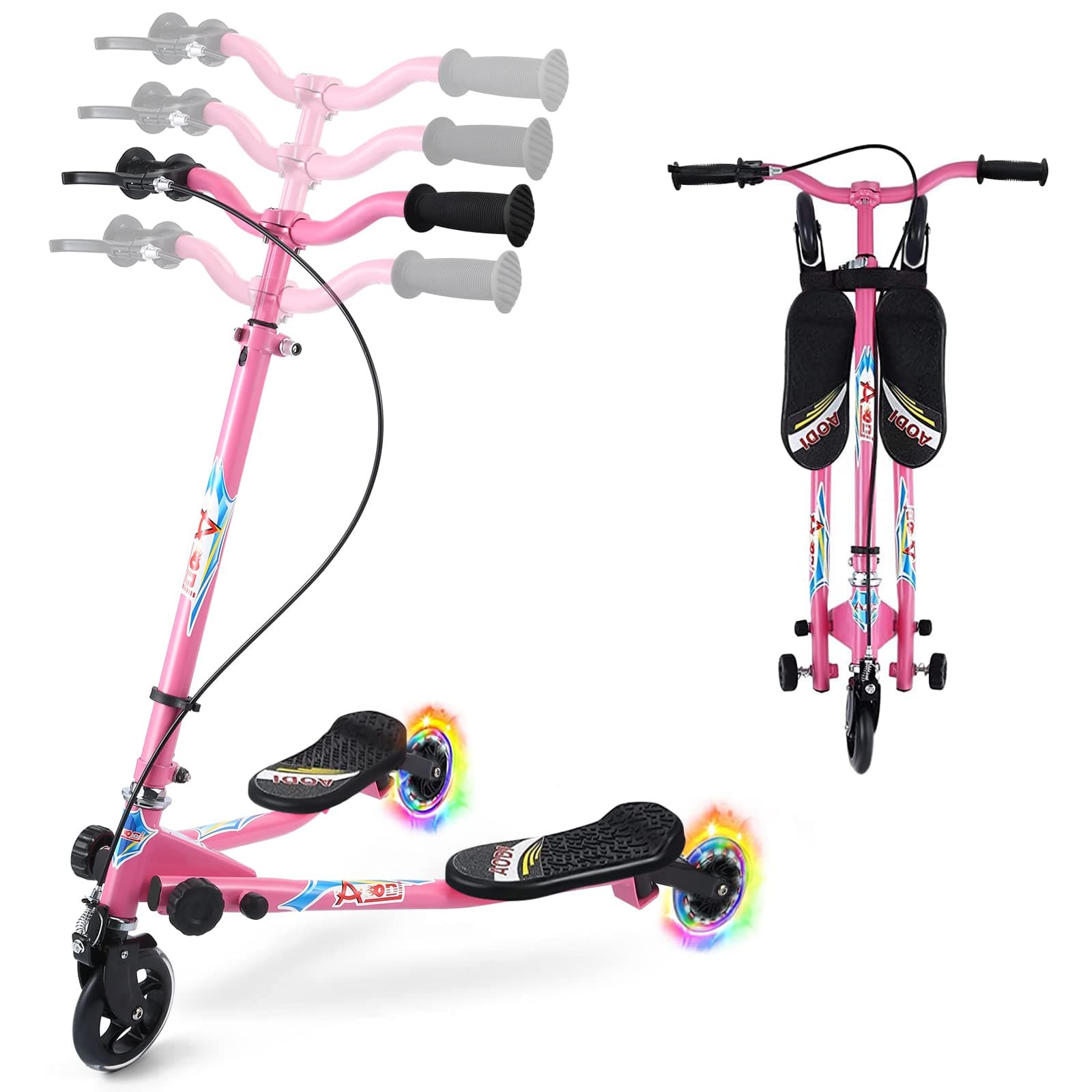 Swing Scooter for Kids, 3 Wheels Foldable Wiggle Kick Scooter Push Drifting with 4 Adjustable Handlebar & 2 Rear LED Wheel for Boys and Girls Ages 3-8