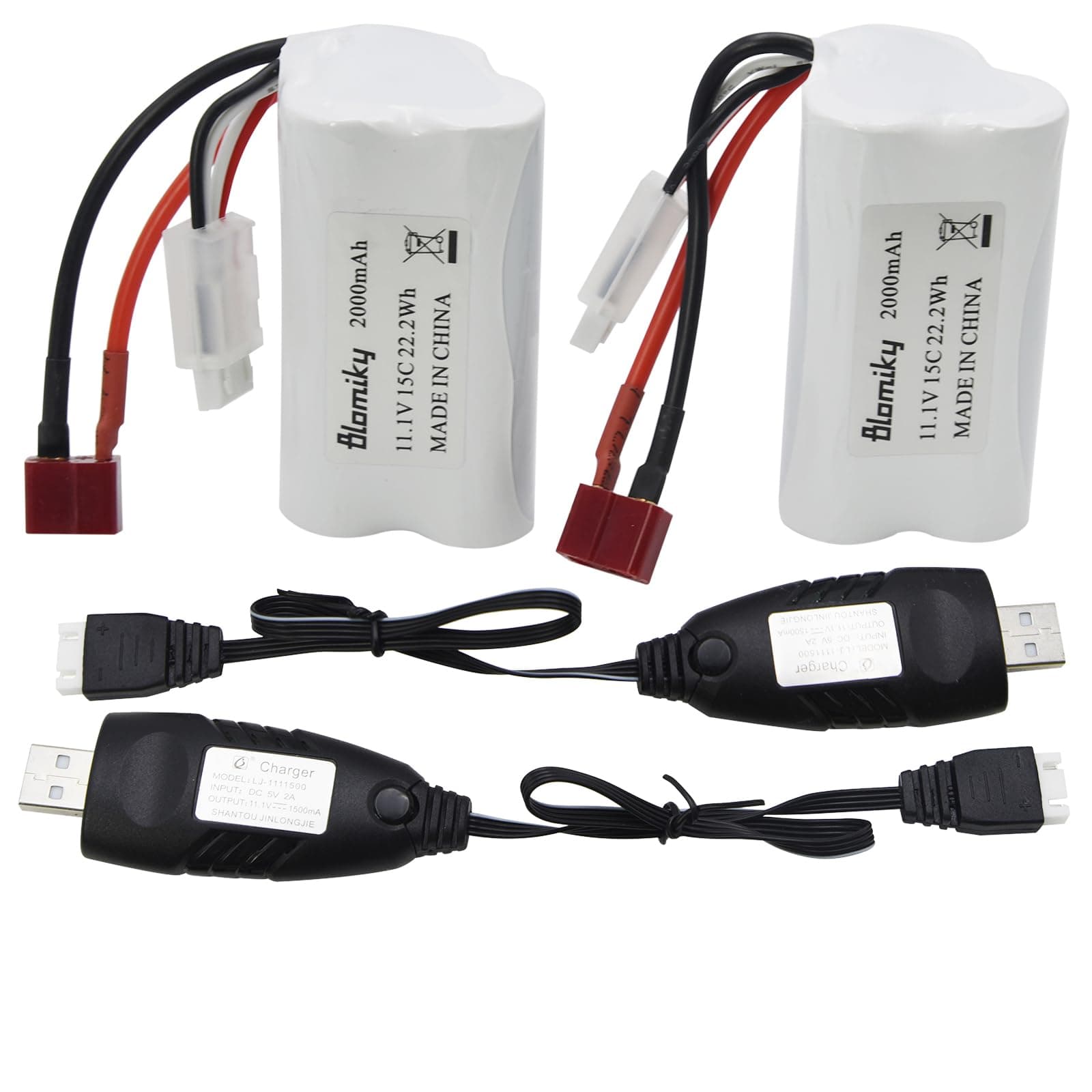 Blomiky 2 Pack T Plug 11.1V 3S 15C 2000mAh 22.2Wh Lithium-ion Battery and USB Cable Suitable for 2104 and R608 RC Boat / R608 Battery 2