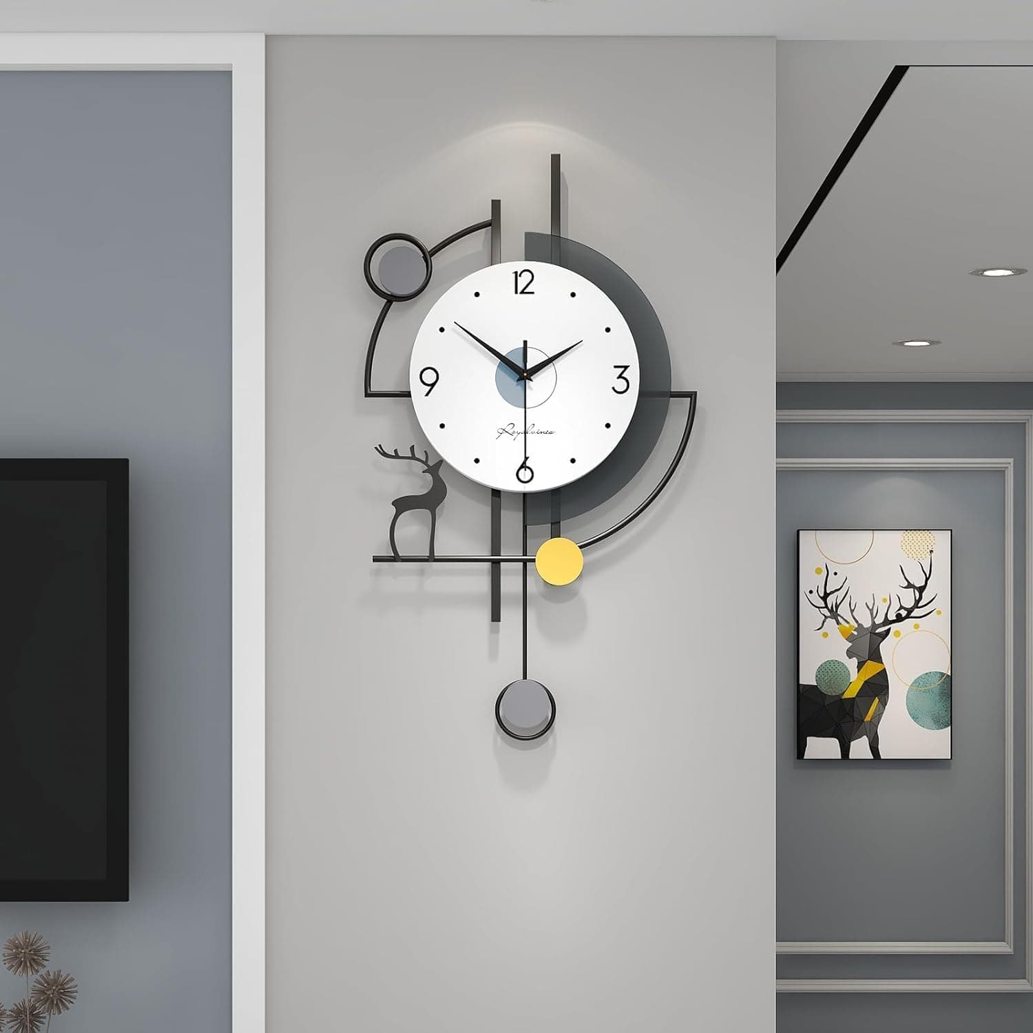 Skade Large Wall Clocks for Living Room Decor Modern Pendulum Wall Clock Silent Quartz Battery Operated Non-Ticking for Bedroom Kitchen Office 24inch Black Metal Deer Clock Wall Decor for Home Indoor