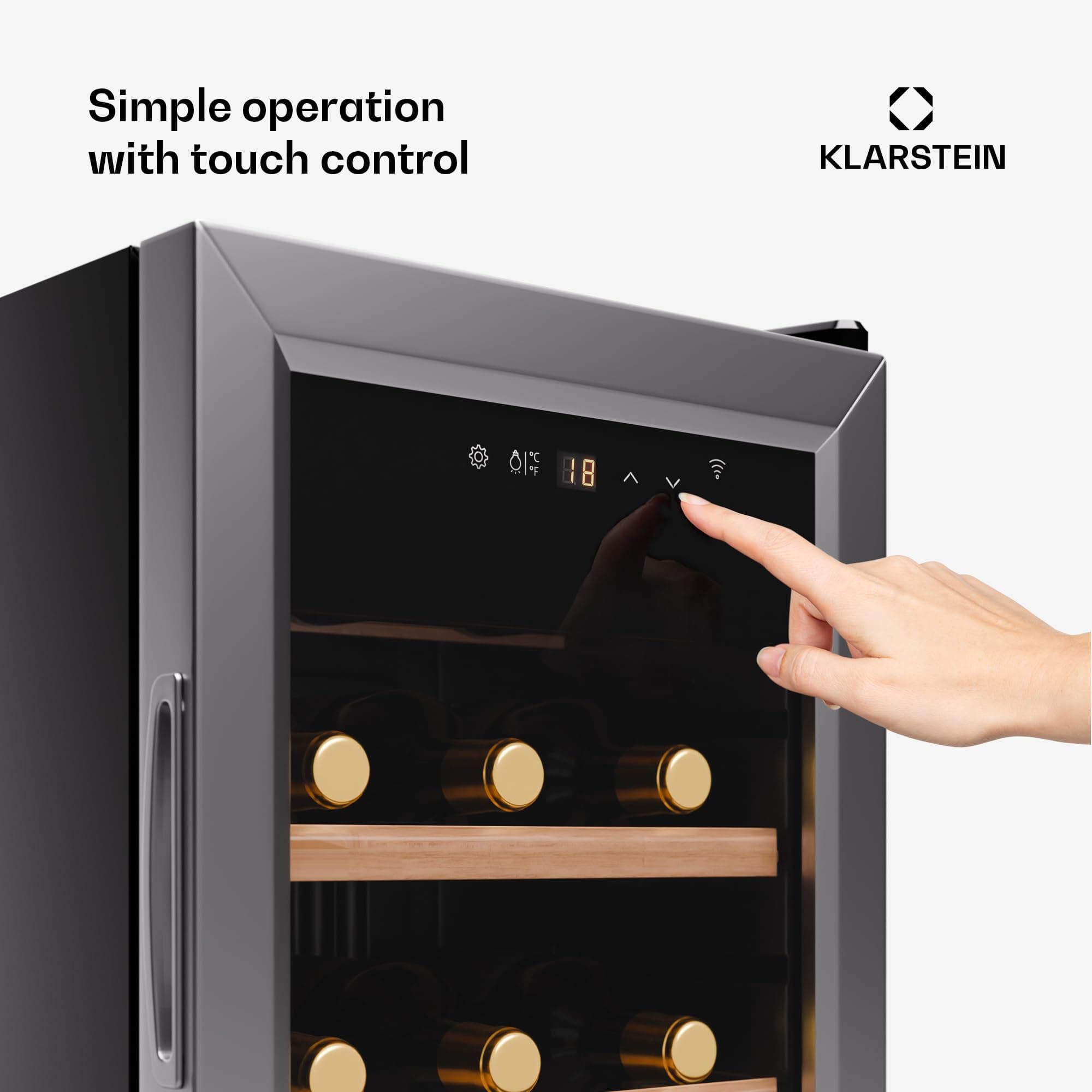Klarstein Shiraz Free-Standing Wine Cooler Drinks Fridge, Single Zone Wine Fridges, Wine Prosecco & Beer Bottles, Touch Pad, Indoor/Outdoor Bar Fridge & Wine Cooler for Garden, 5-18°C, 18 Bottles