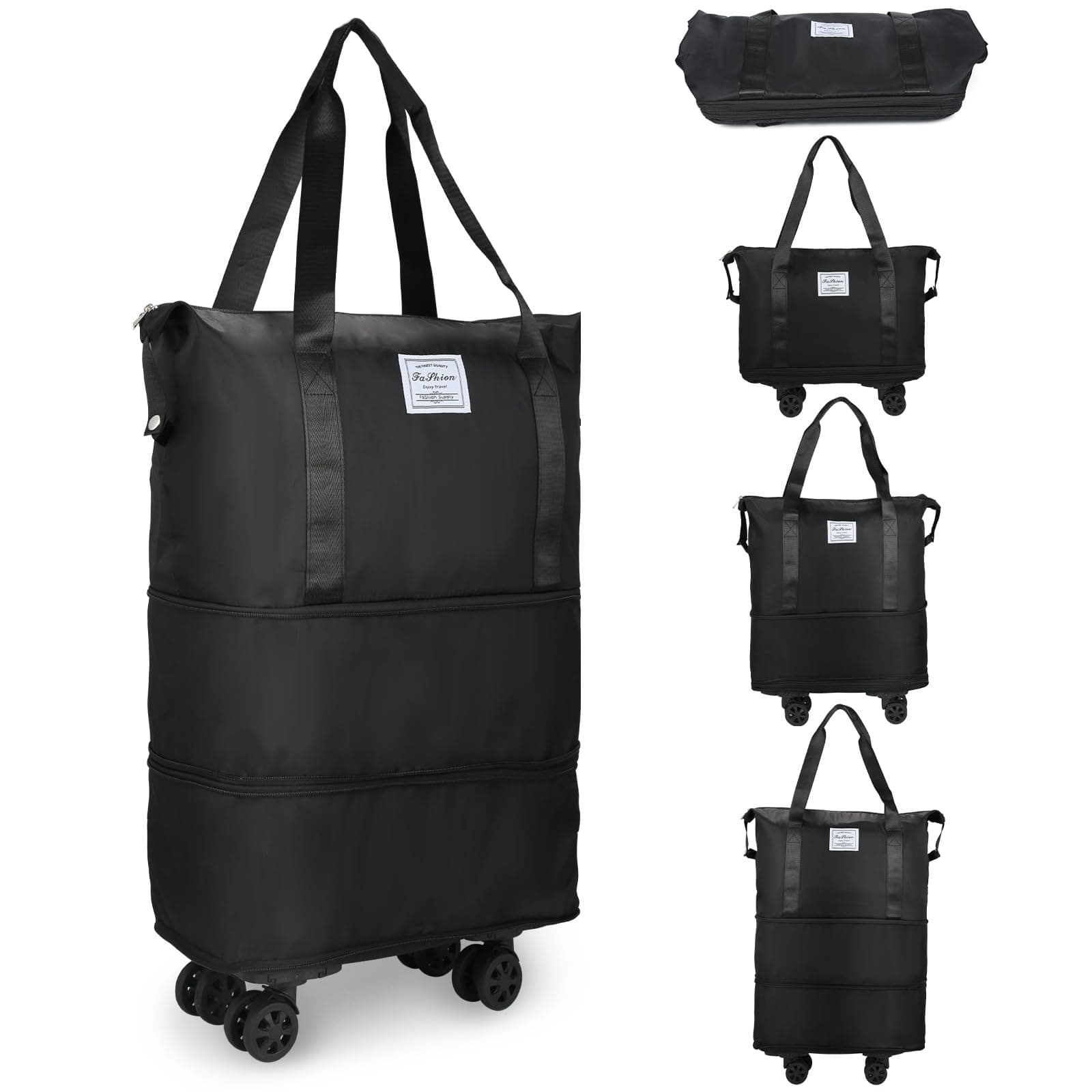Rolling Duffle Bag with Wheels, Expandable Foldable Duffle Bag for Travel, Rolling Under Seat Luggage Carry on Duffel Bags, Wheeled Travel Duffel Weekend Bags, Capacity 18L to 35L (Black)