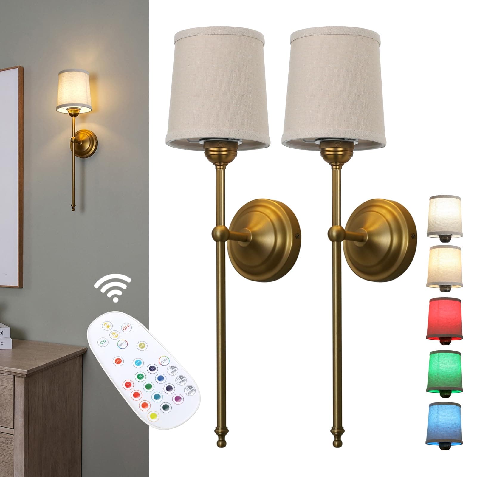Permo Set of 2 Battery Operated Wall Light Linen Fabric Shade Wall Sconce Wireless Rechargeable Wall Lamp RGB Color Changing Dimmable Lighting Decor for Bedroom Living Room Hallway (Antique)