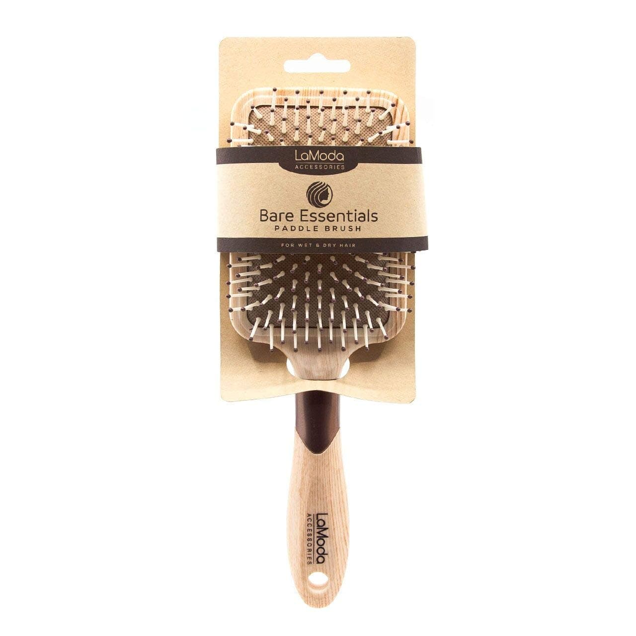 LaModaBare Essentials Natural Wood-Effect Large Paddle Brush with Rose Gold Detailing for Wet or Dry Hair