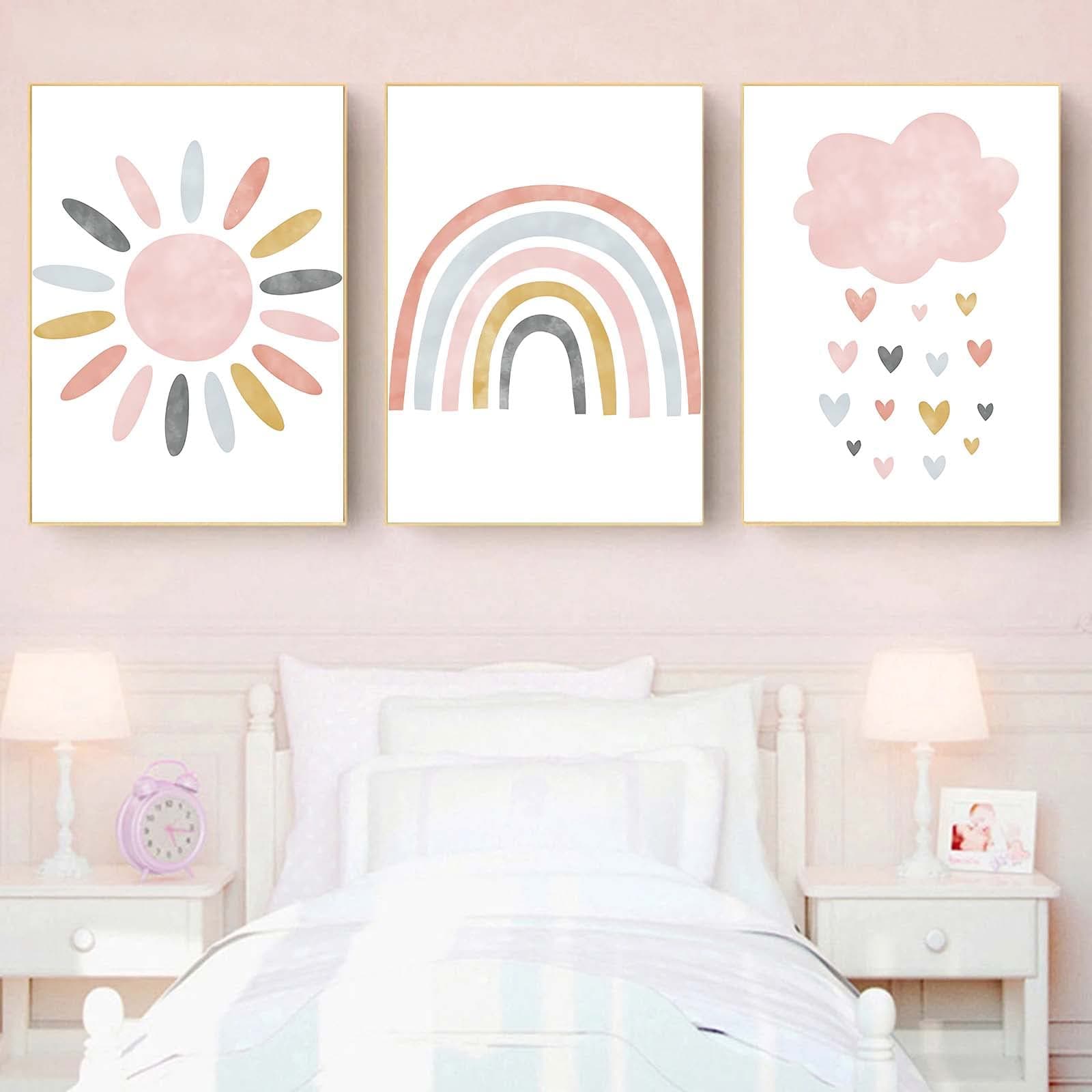 Nursery Wall Prints Pink Sunshine Rainbow Cloud Canvas Wall Art, Child Wall Art Poster Boho Nordic Wall Pictures for Girls Baby Kids Room Decor, Set Of 3 Cute Cartoon Prints Girls Room Wall Decor