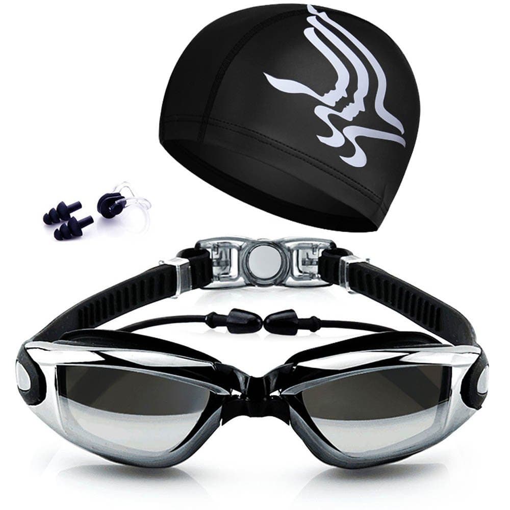 Jodin Swimming Goggles with earplug and free protective case No Leaking Anti Fog UV Protection adjustable strap and nose bridge Black Goggles + case + Swim cap + Nose clip + Ear clip