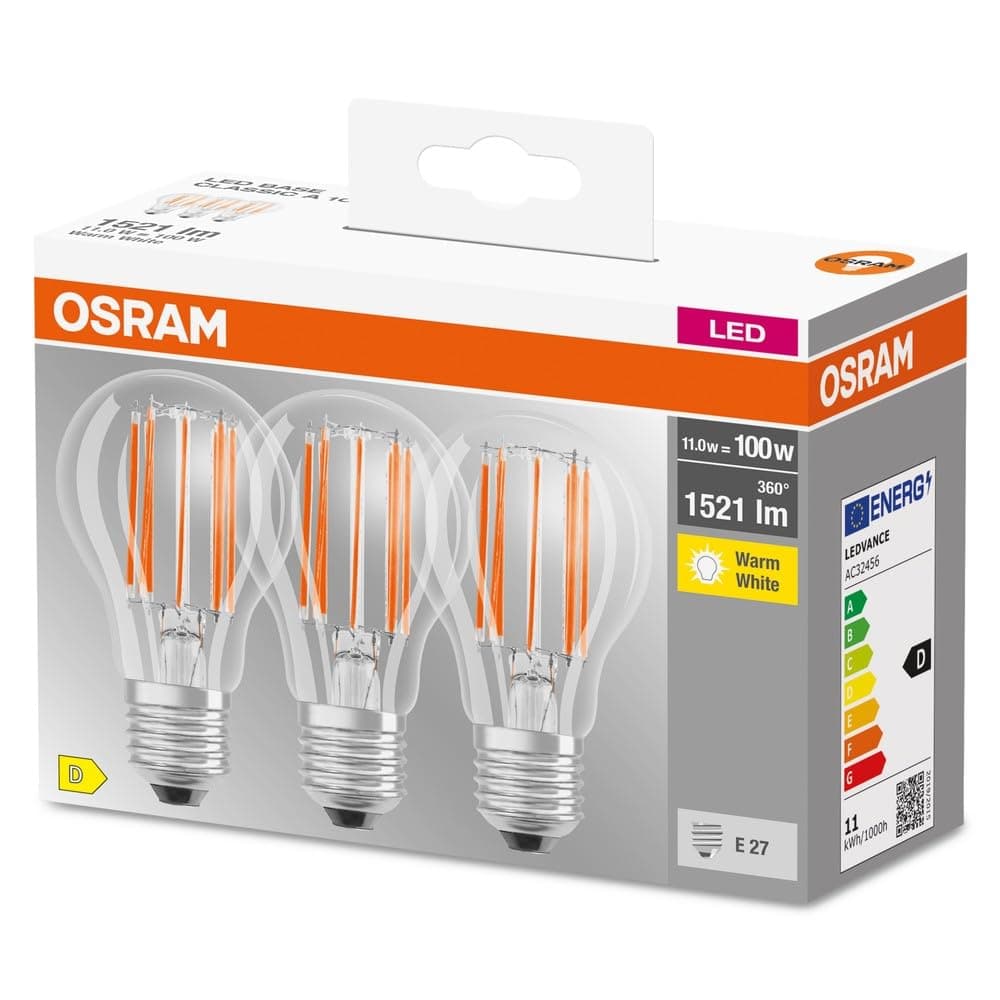 OSRAM LED BASE Classic A100, clear filament LED lamps made of glass for E27 base, bulb shape, warm white (2700K), 1521 lumen, replacement for conventional 100W bulbs, box of 3