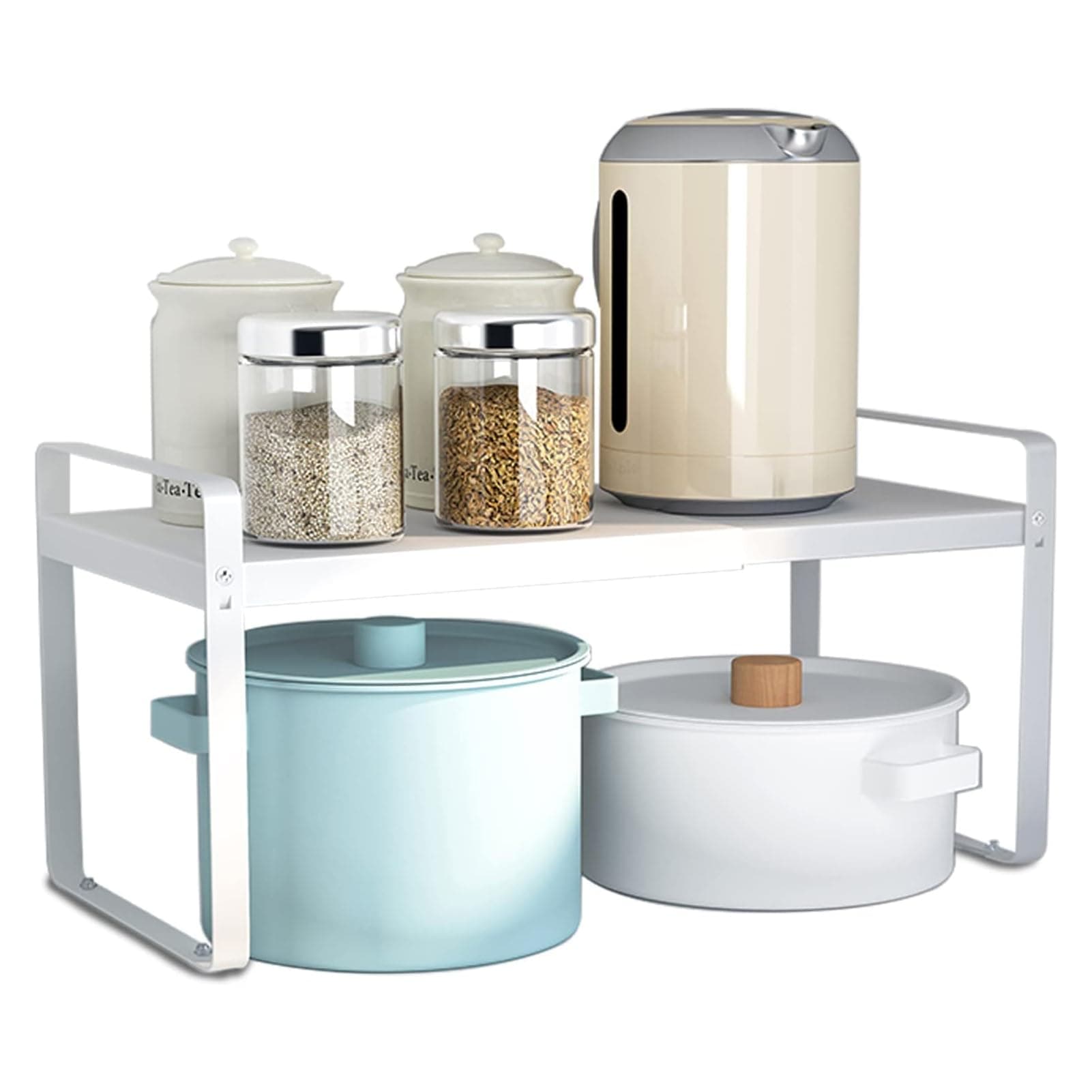 U-HOOME Expandable Cabinet Shelf Organiser Storage Rack, Kitchen Cabinet Organizer Shelf, Cupboard Stand Spice Rack, Stackable Heavy Duty Plate Pantry Shelves Space Riser for Kitchen Bathroom (White)