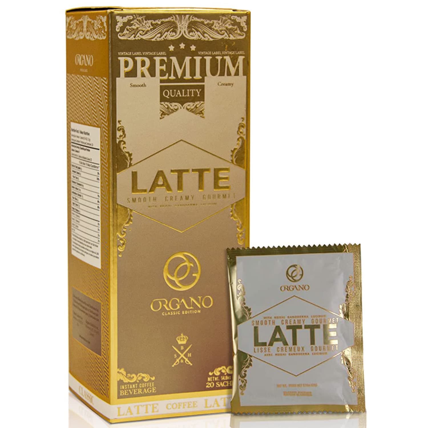 ORGANO Gourmet Cafe Latte, 100% Certified Ganoderma Lucidum (20 Sachets)