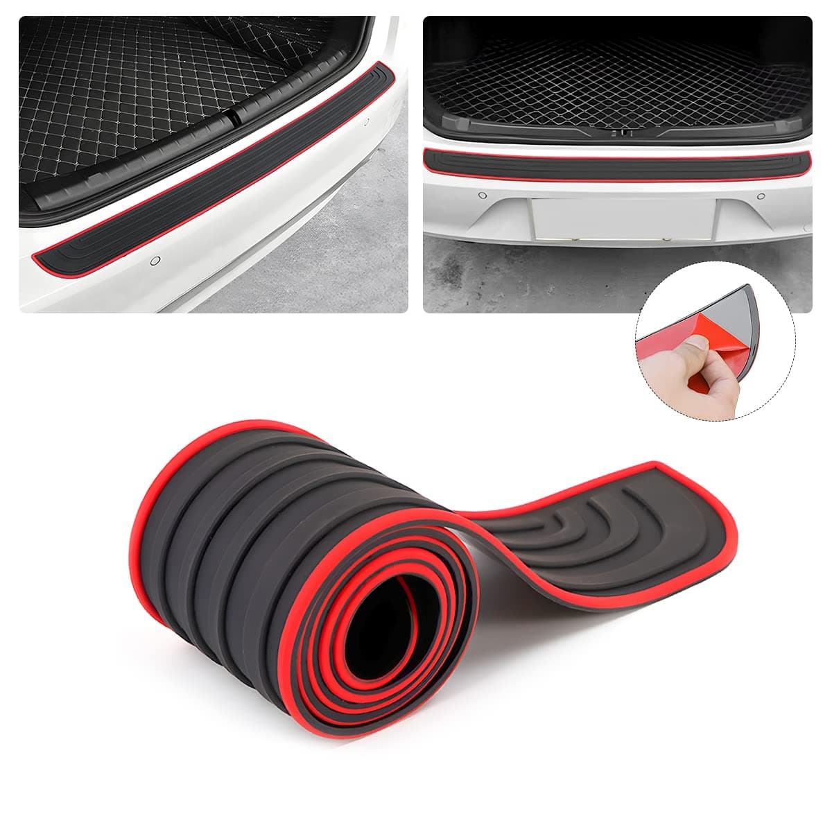 Car Rear Bumper Protector, Scratch Resistant Rubber Abrasion Boot Entrance Boot Liner Anti-Slip Protector Strip Car Accessories for Most Cars and SUV (Black/Red/89.9 x 2.7)