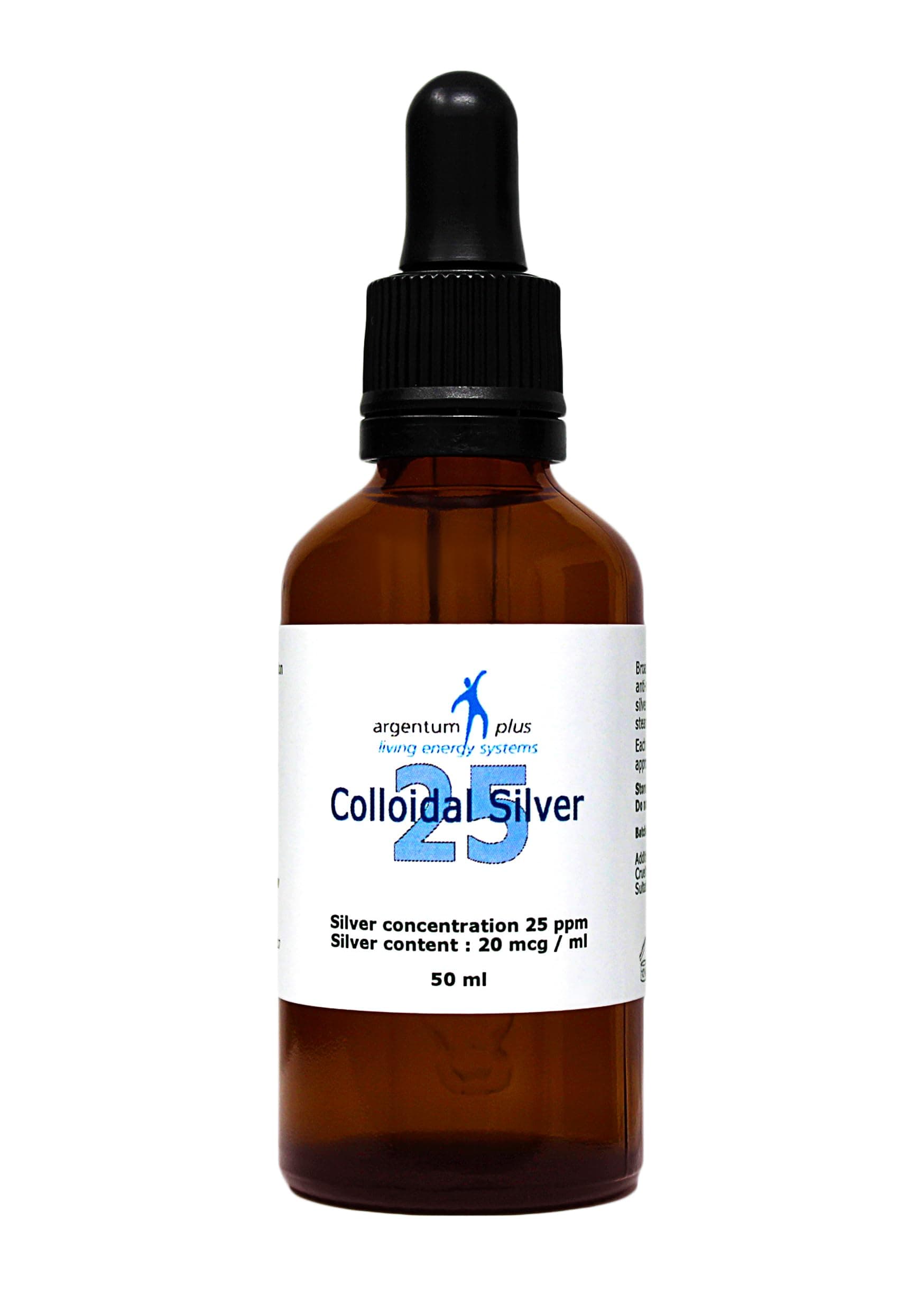 Colloidal Silver 25 ppm - 50 ml Glass Pipette with Glass Dropper Bottle