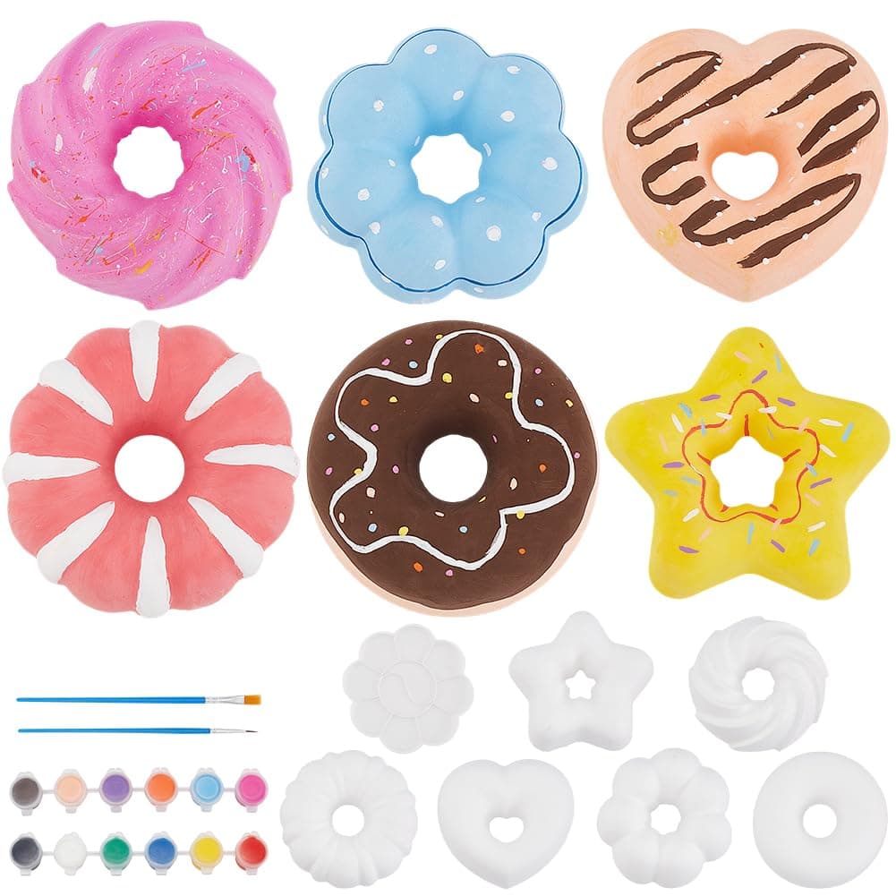 WEBEEDY 6 Styles Ceramic Donut Paint Kit Unpainted White Doughnut Ceramic Donut for Adults Beginners Paintable Dessert Decoration DIY Arts and Crafts Kit for Classroom Craft Project Fun Home Acticity
