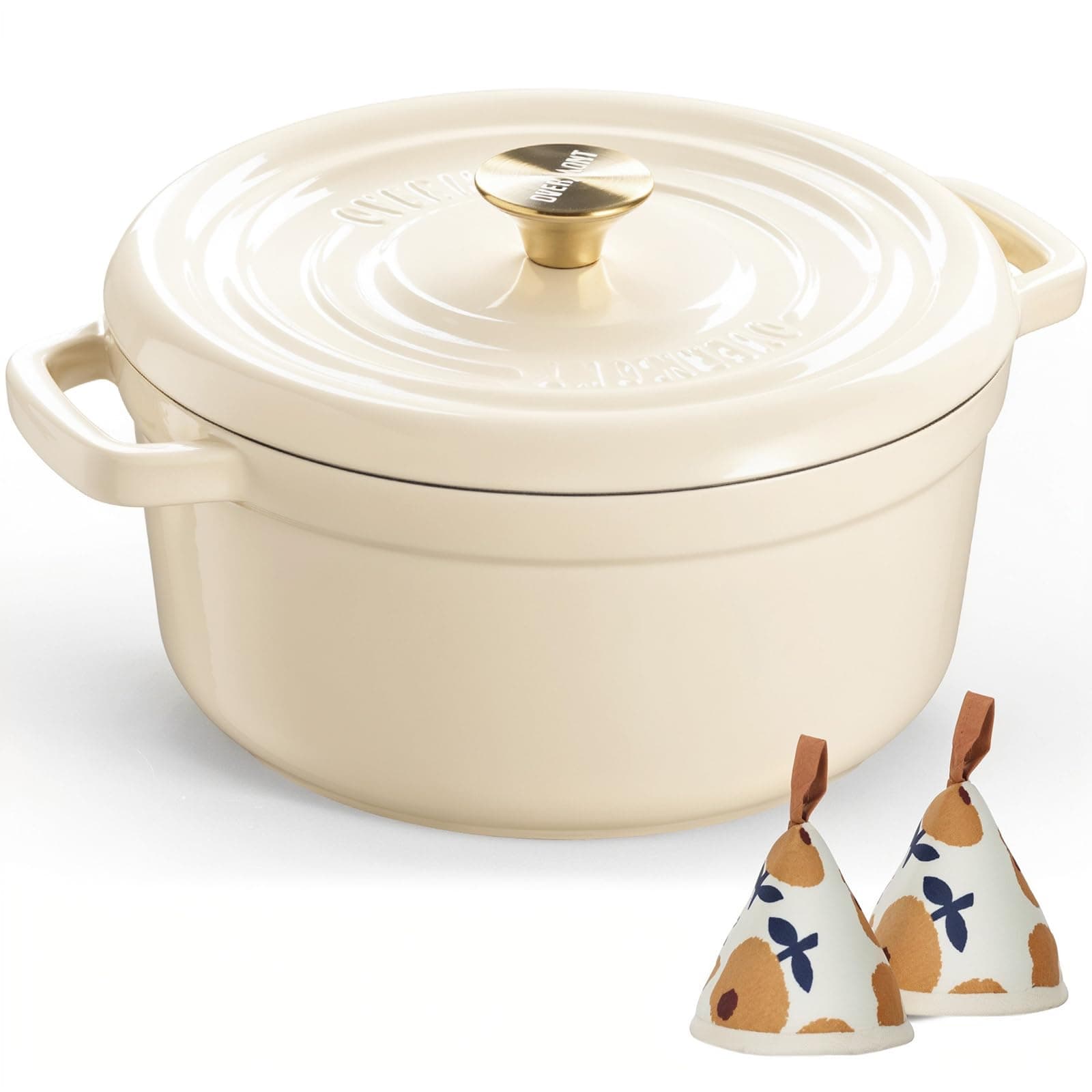 Overmont 26cm Enameled Cast Iron Dutch Oven - 5L Pot with Functional lid Cookbook & Cotton Potholders - Oven Safe up to 500° F, Sturdy Cookware for Braising, Stews, Roasting, Bread Baking, Cream White