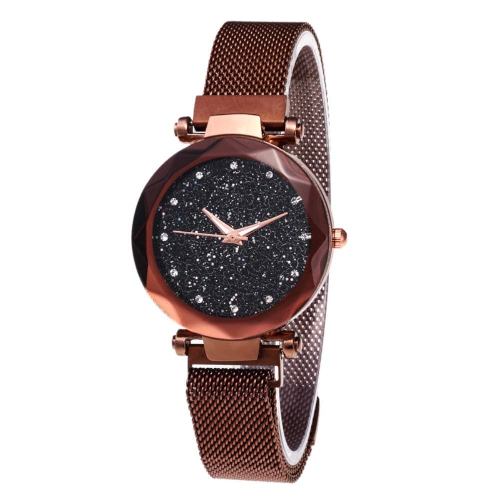 Starry Sky Quartz Watch - Diamond Cutting Glass Mirror, with Mesh Magnet Strap Elegance Women's Wrist Watch (Brown)
