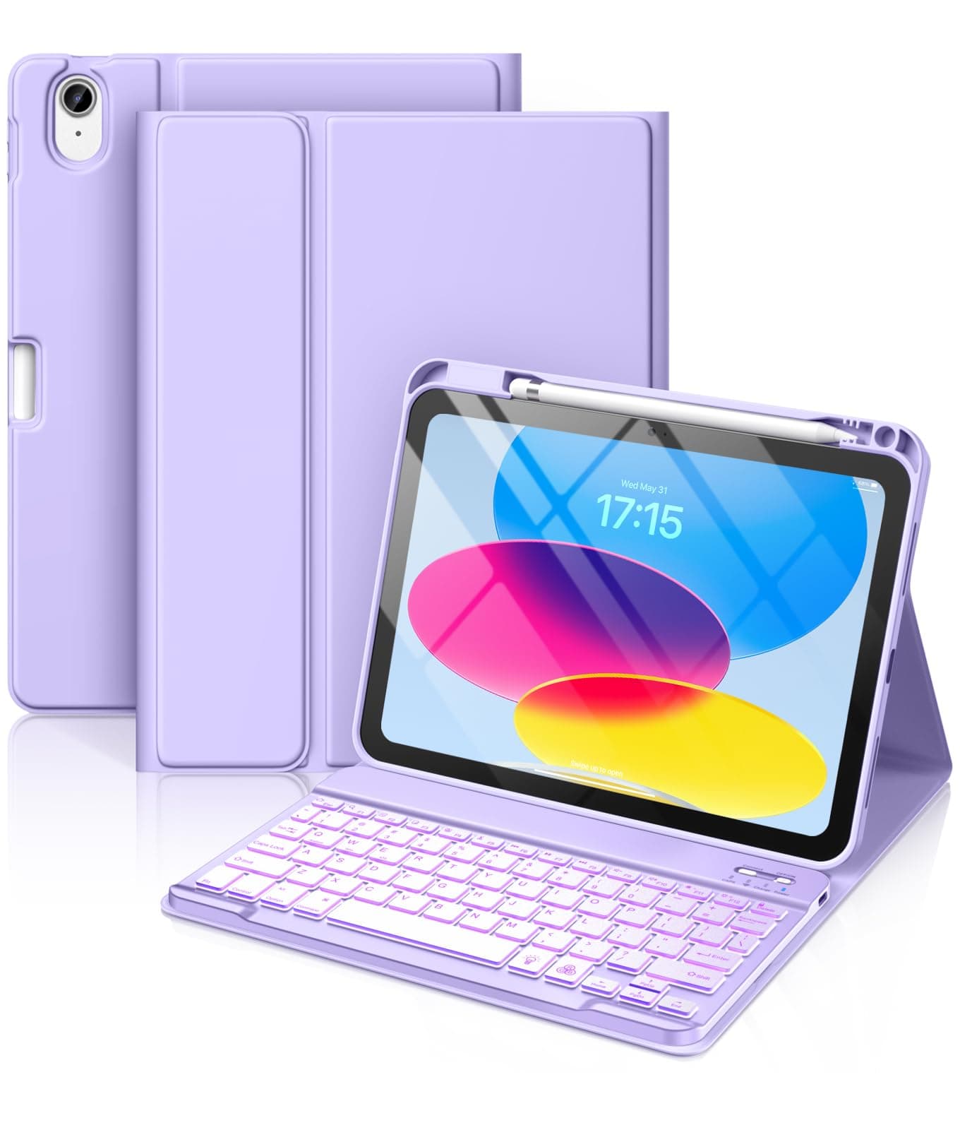 Hamile for iPad 11th 10th Generation Case with Keyboard - 7 Colors Backlit Wireless Detachable Folio Keyboard Cover with Pencil Holder for iPad 11-inch A16 2025 10th Gen 10.9 Inch 2022 (Purple)
