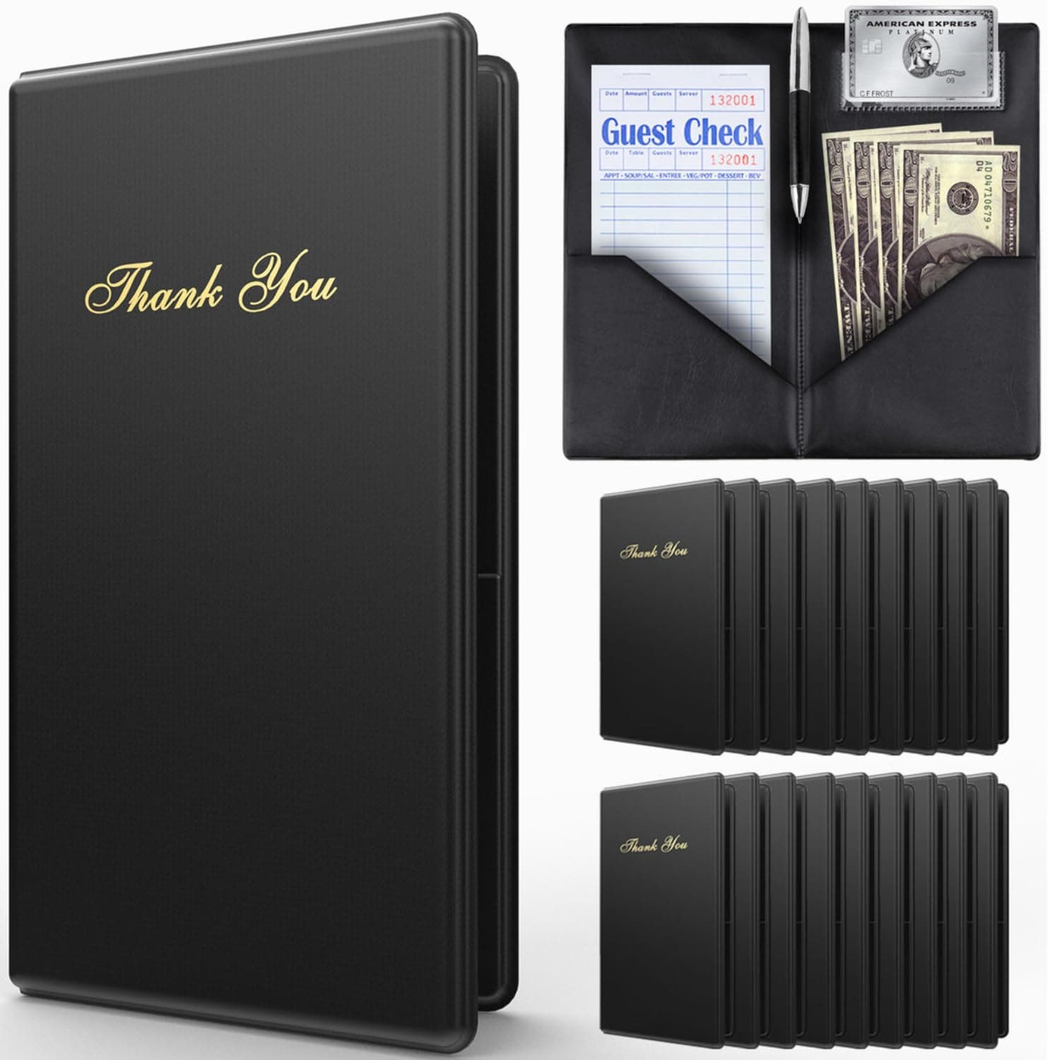 Budgetizer Guest Check Card Holder Presenter - 10 & 20 Pack Restaurant Server Bill Book - Black with Gold Thank You Imprint - Size 5.5" x 10" (20 Pack)