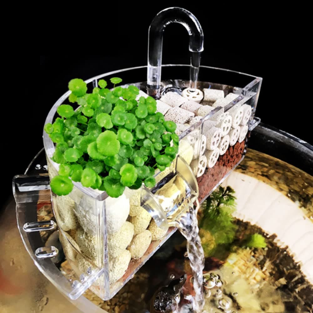 Aquarium Fish Tank 3-in-1 Acrylic External Filter Box - Hang On Filter with Waterfall, Increases Oxygen & Purifies Water - Perfect for Round Aquarium or Fish Bowl (S)