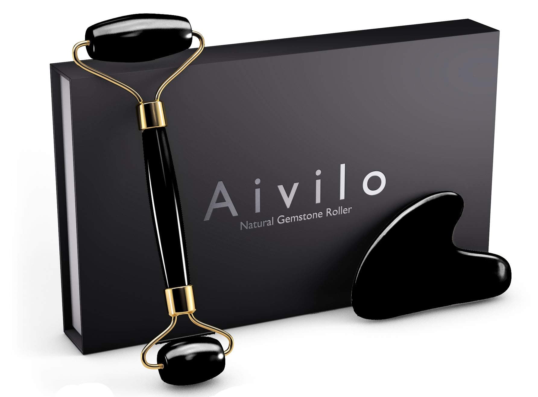 Aivilo Natural Obsidian Roller and Gua Sha - 2 in 1 Facial Face Roller and Massaging Skin Healing Toning Massage Jade Roller Alternative (Onyx - Black)