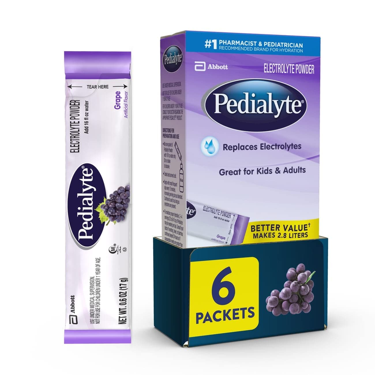 Pedialyte Large Powder Packs, Grape, 3.6 OZ, 6 Count by Pedialyte