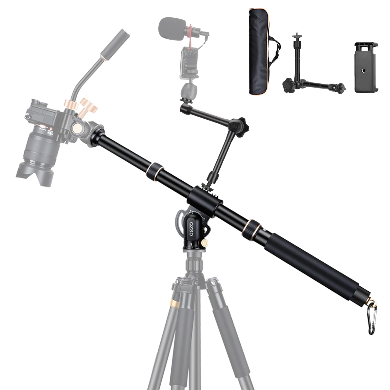 41" Aluminum Tripod Extension arm Retractable Horizontal Center Column arm with 1/4'' and 3/8'' scerws, 360° rotatable for Overhead, Multi-Angle Photography,Load Up to 33lbs,Tripod not Included