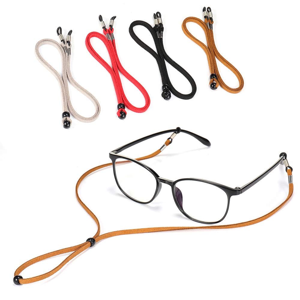 4pcs Eyeglass Strap, Leather Eye Glasses Strap String Adjustable Eyeglass Chain Lanyard Eyewear Retainers, Sport Sunglass Glasses Holder Strap for Men Women,with Eyeglasses Cleaning Cloth