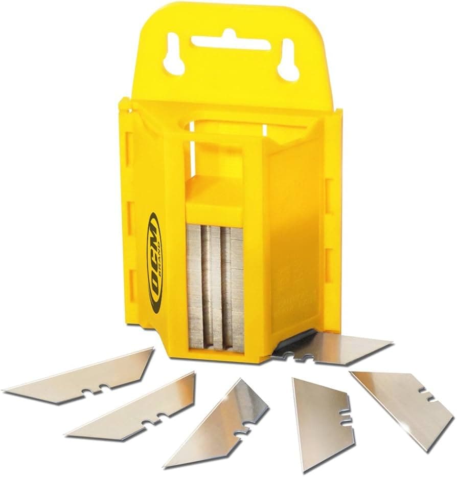 OCM 100 Pack Utility Knife Blades with Impact Resistant Wall Mount Dispenser Set High Carbon Steel Utility Blades Safe Storage
