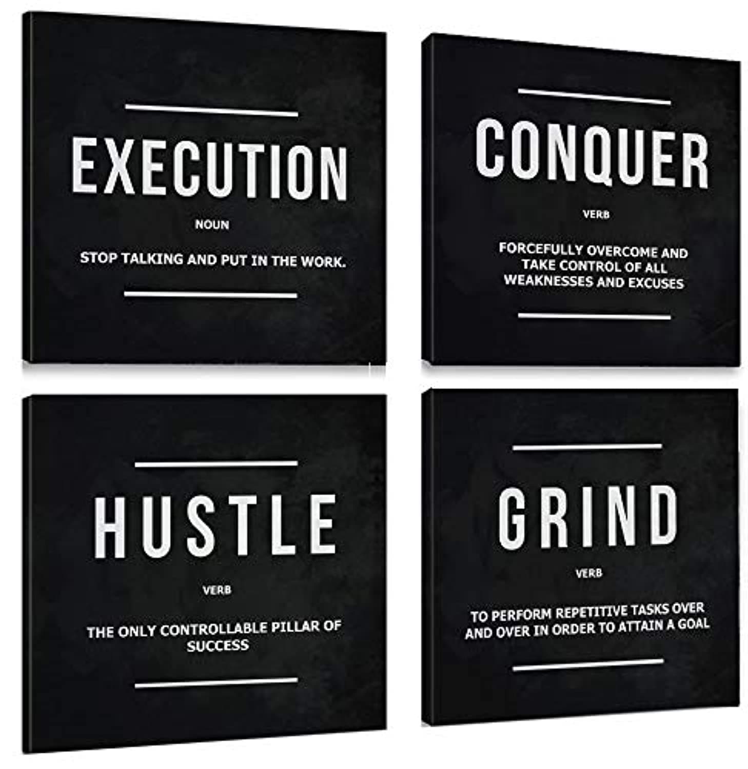 Grind Hustle Execution Conquer Black Entrepreneur Quotes Inspirational Canvas Wall - Motivational Canvas Print Framed Picture Painting for Office Home Decor Kids Room-12"x12"x4pcs