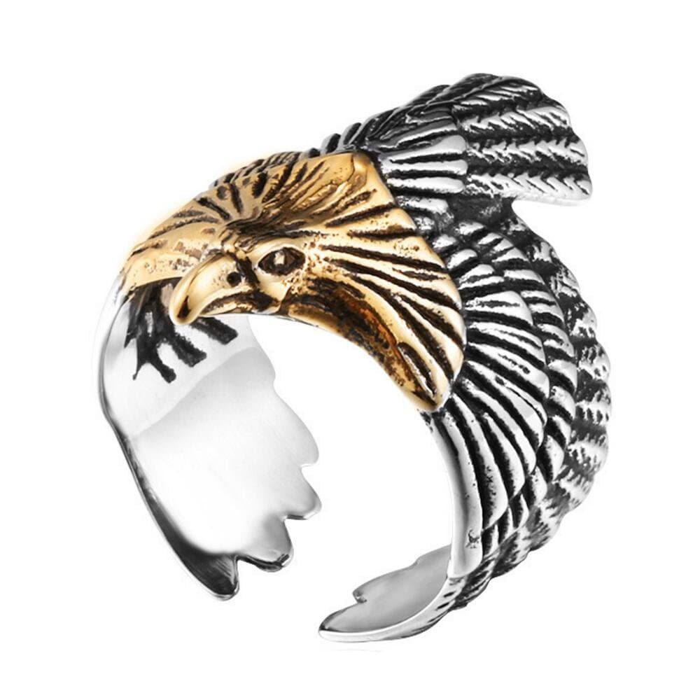 Men's Stainless Steel Hawk Eagle Ring Skyhawk Sculpture Biker Band Silver Gold