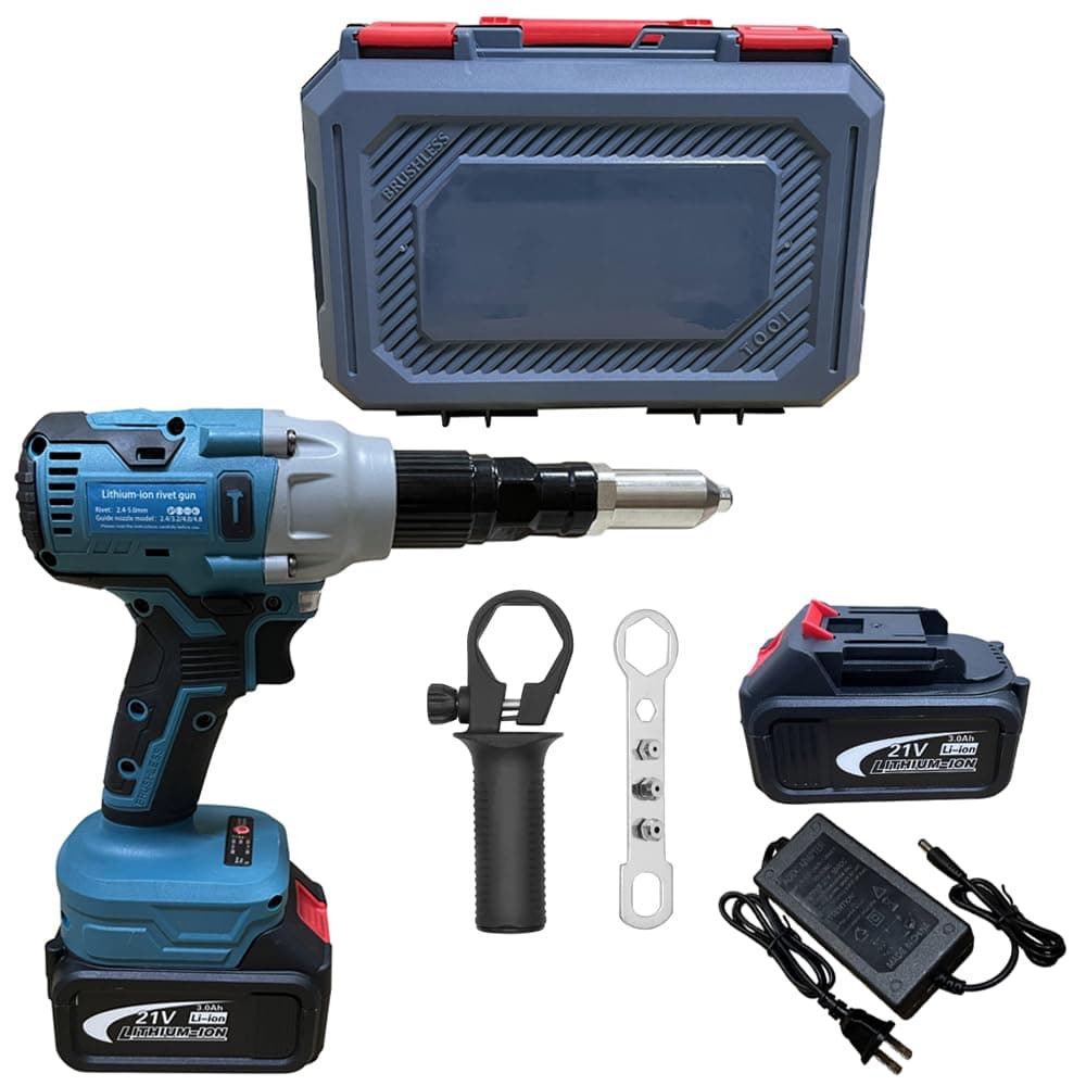 Cordless Electric Rivet Gun Tool, 21V Electric Automatic Brushless Blind Riveter, Professional Rivet Gun Kit with 2 x3.0Ah Battery & Charger, for 3/32", 1/8", 5/32", 3/16" Rivets