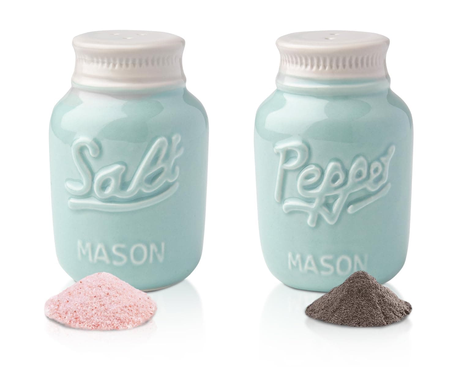 Mason Jar Salt & Pepper Shakers – Aqua Blue Ceramic – Rustic Shabby Chic Kitchen Decor