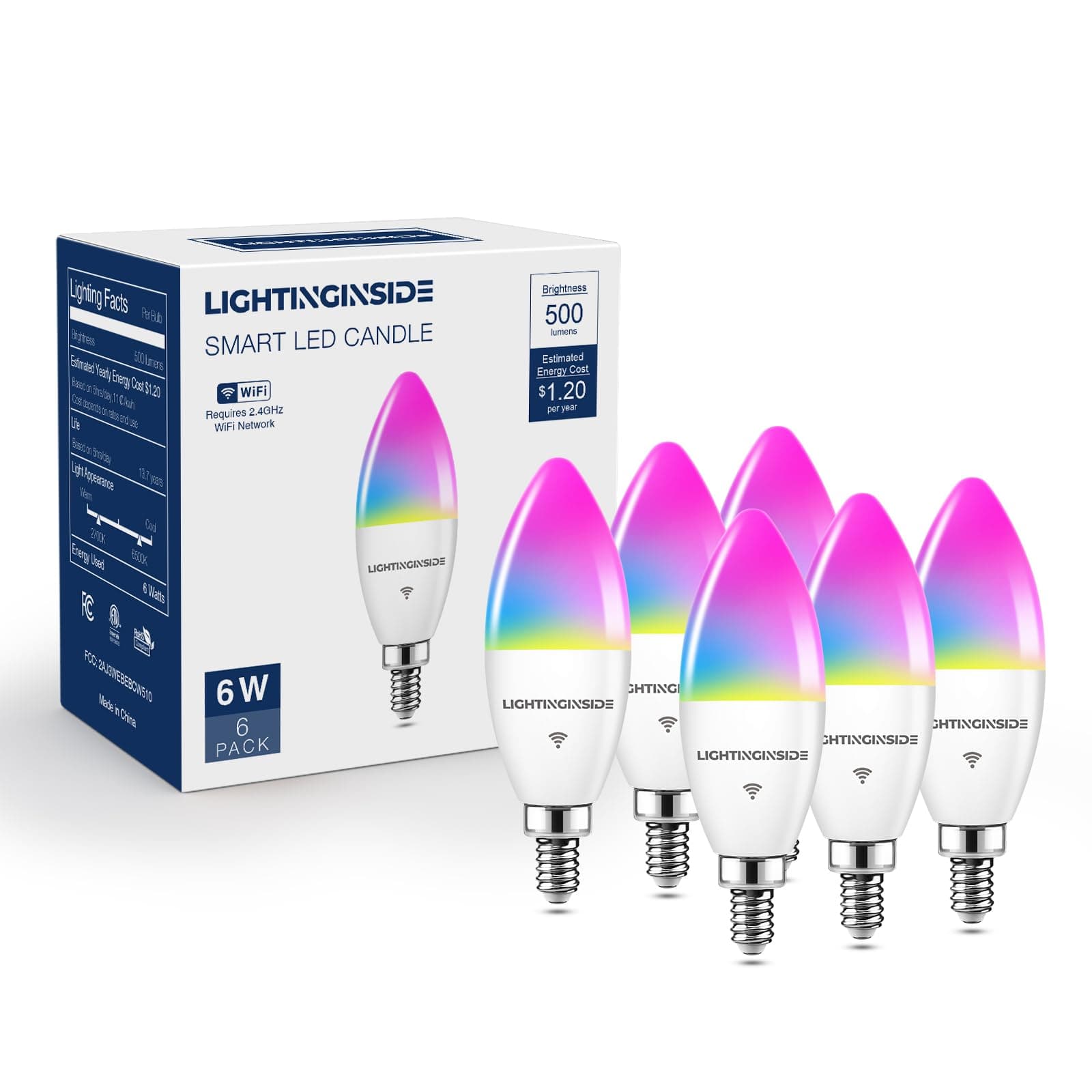 Lightinginside E12 Smart Light Bulbs 60W Equiv., Work with Alexa/Google Home/SmartLife, 500LM 6W RGBCW Candle Candelabra LED Light Bulbs, No Hub Required, 2.4G WiFi Bluetooth Bulb, ETL Listed, 6PCS