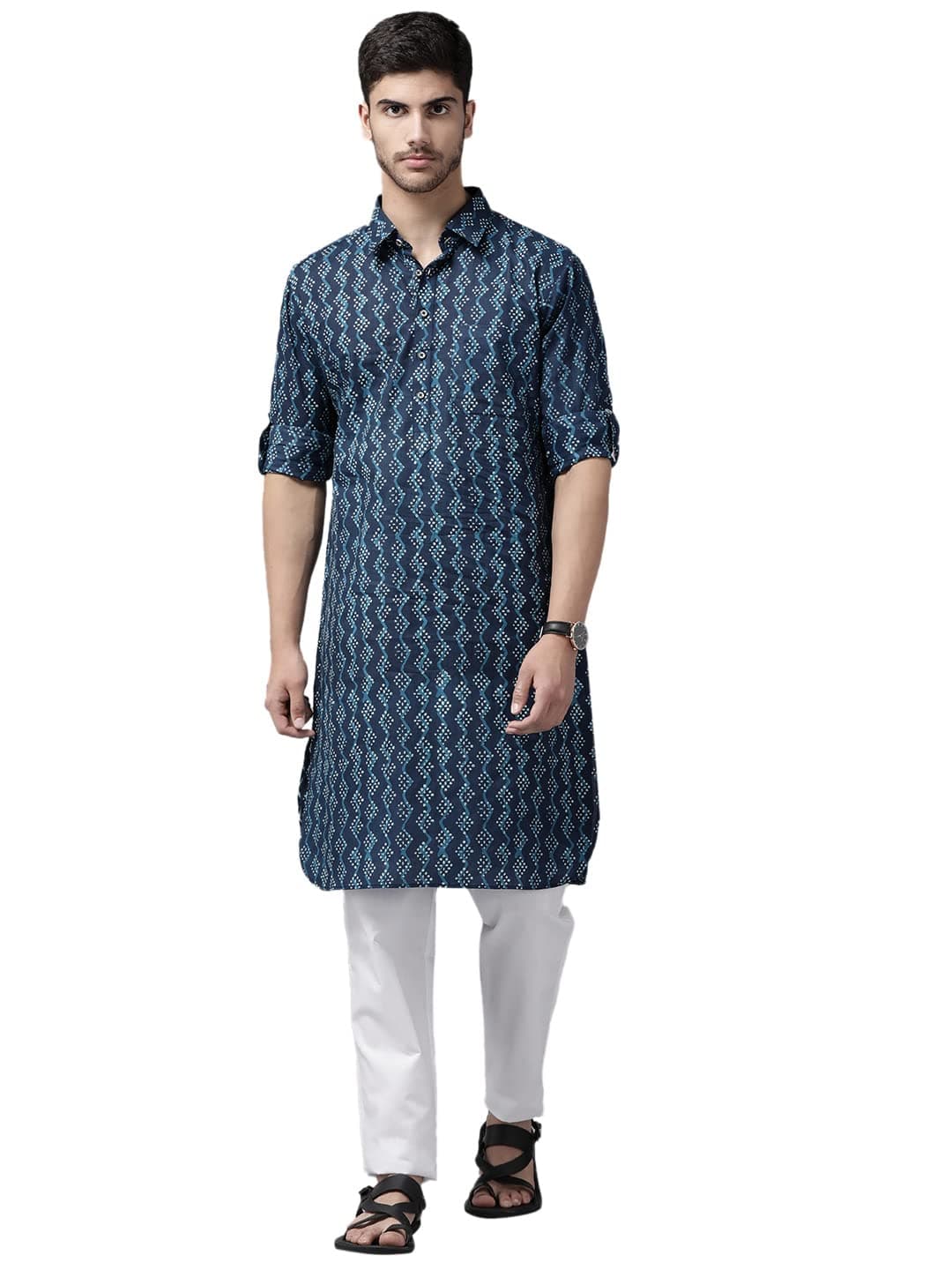 See DesignsMen's Indigo Regular Pure Cotton Pathani Printed Men's Kurta