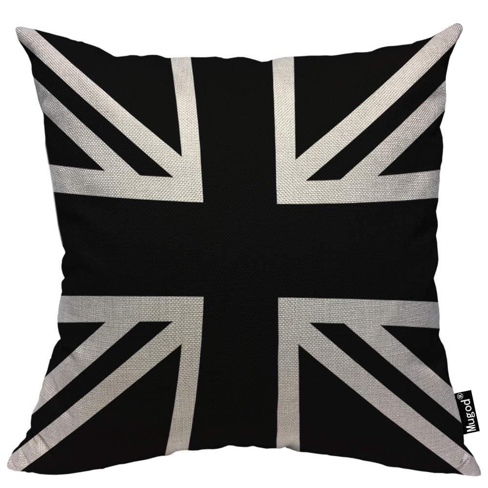 Mugod Union Jack Throw Pillow United Kingdom Flag Geometric Pattern Black and White Cotton Linen Square Cushion Cover Standard Pillowcase 18x18 Inch for Home Decorative Bedroom/Living Room/Car