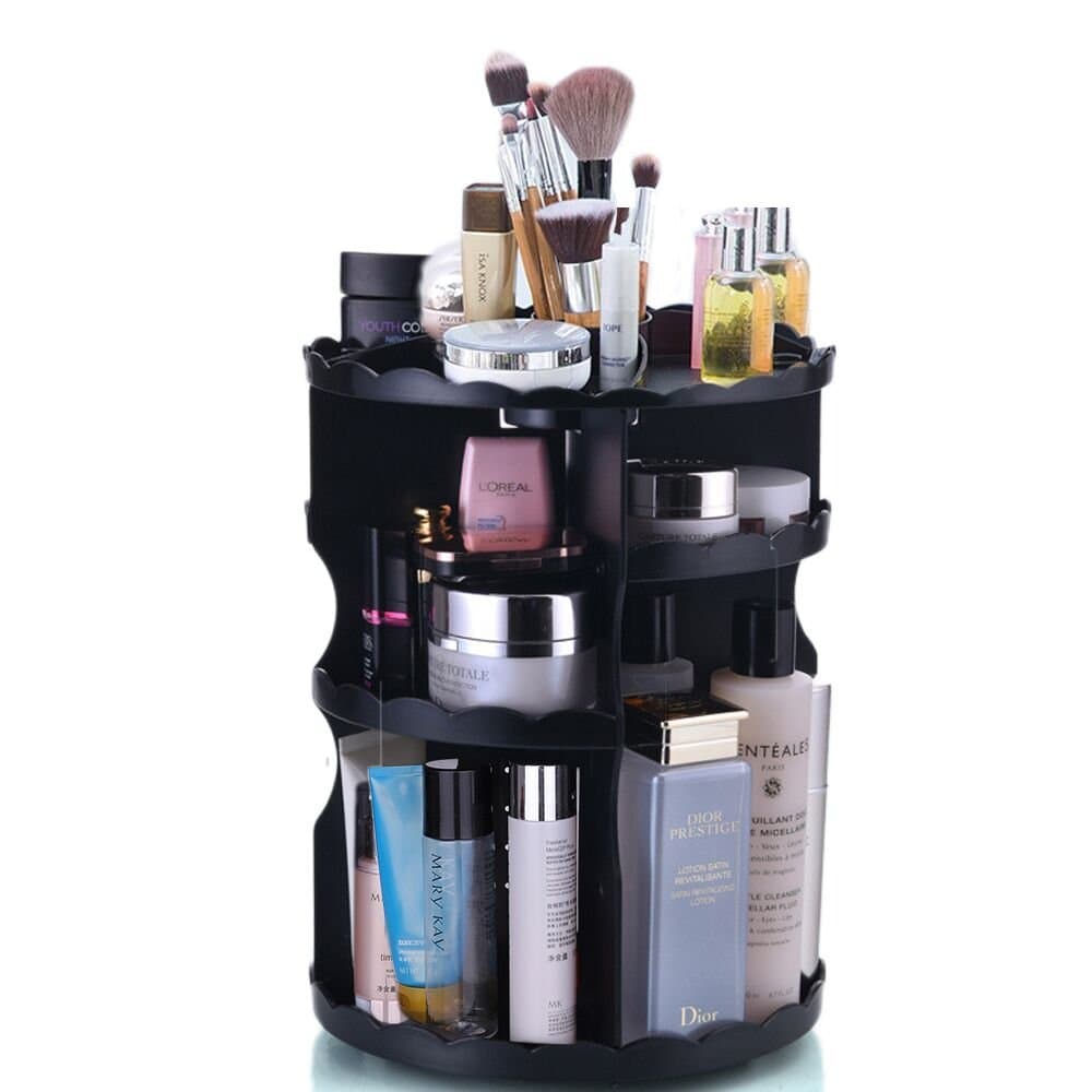 Makeup Organizer, 360-Degree Rotating Chassis Adjustable Multi-Function Cosmetic Storage Box, Large Capacity Fits Different Types of Cosmetics and Brush Tools Easy to Install and Clean, Black (Bl1)