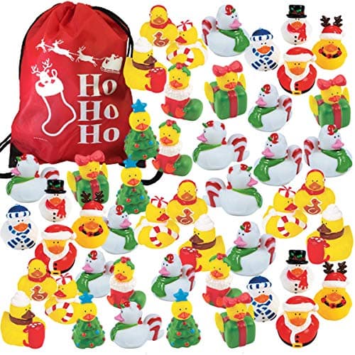 48 Christmas Holiday Rubber Ducks Bulk Variety Pack with 1 Ho Ho Ho Drawstring Bag - Rubber Duckies Stocking Stuffers - Kids Party Favors